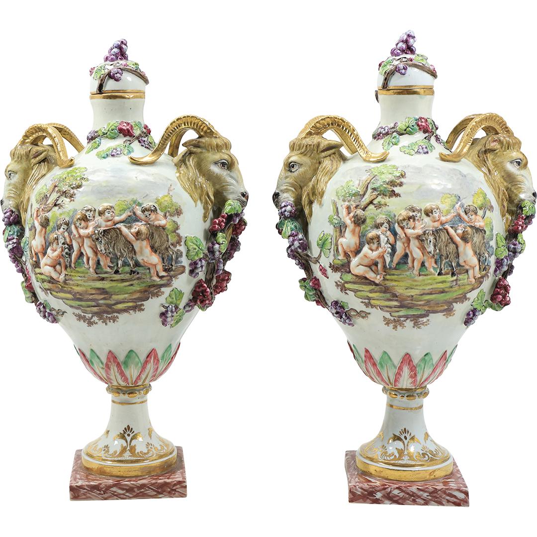 Pair 19th C. MEISSEN STYLE Very Fine Porcelain Urns with Putti Scenes and Ram's Heads Sides (1 of 18)