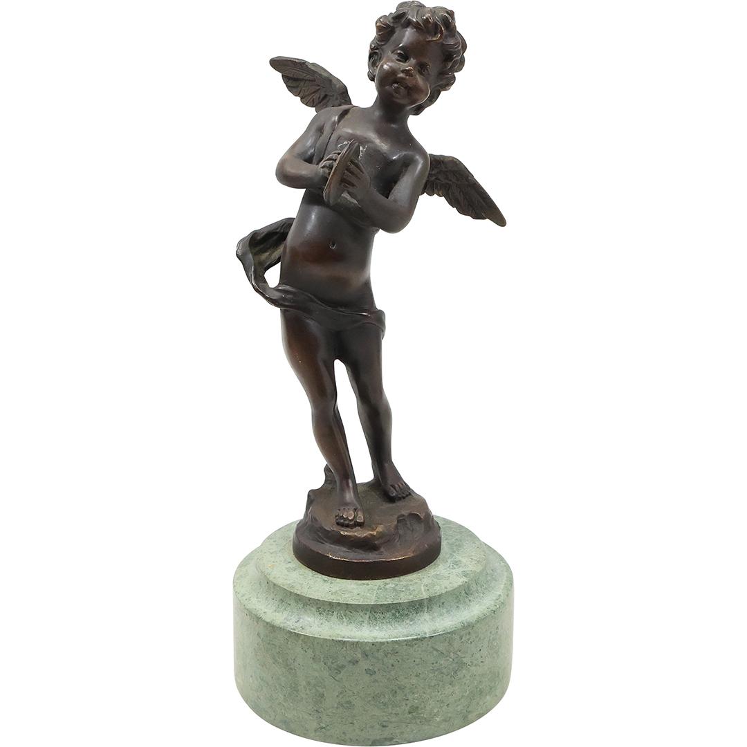 Bronze Winged Cherub Holding a Disc Figure Sculpture Mounted on Green Marble Base (1 of 16)