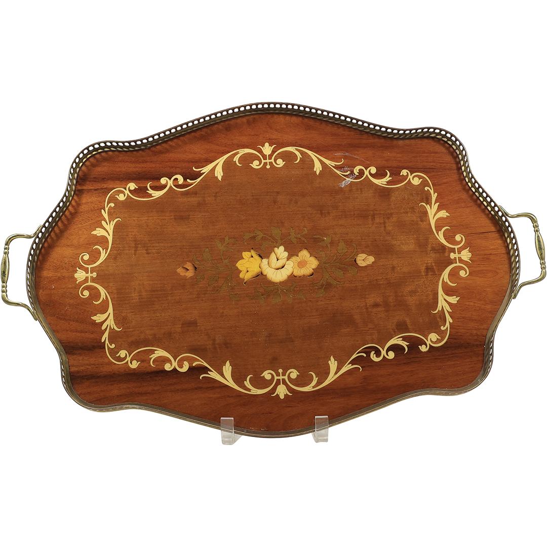 Italian Marquetry Serving Tray with Brass Gallery Edging (1 of 14)
