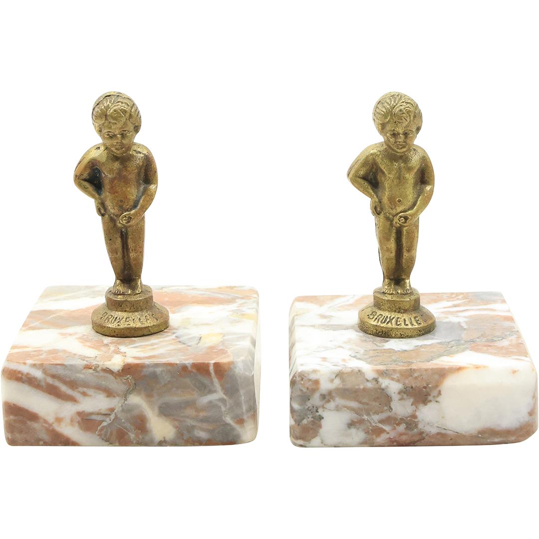 [2] Vintage Bruxelles Bronze Peeing Boys Mounted on White Marble Bases (1 of 11)