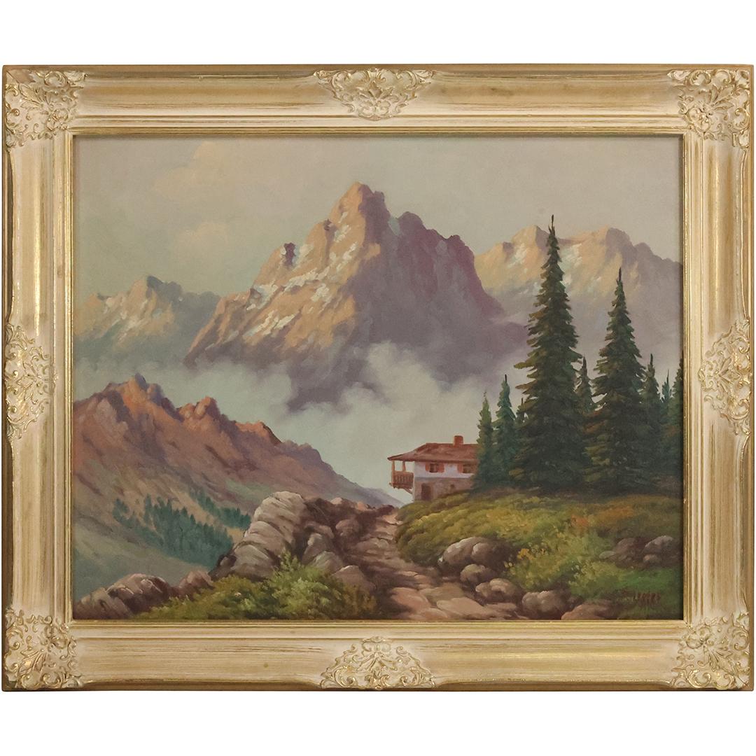 R Lester, Vintage Oil on Canvas Painting Chalet in the Alpine Mountains Landscape (1 of 12)
