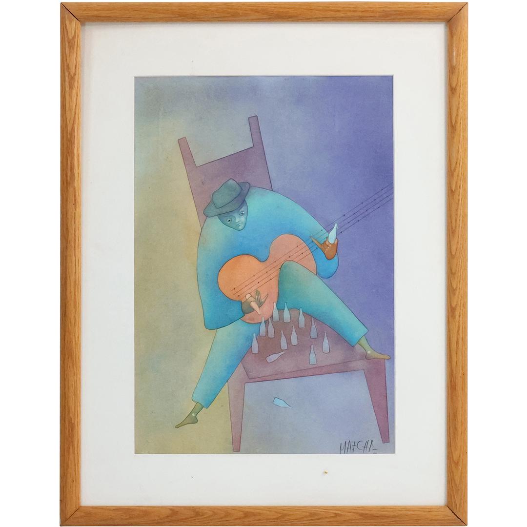 Gonzalo Mahecha, Columbia, Mixed Media Modernism Man Playing Guitar, Bio on Verso (1 of 13)