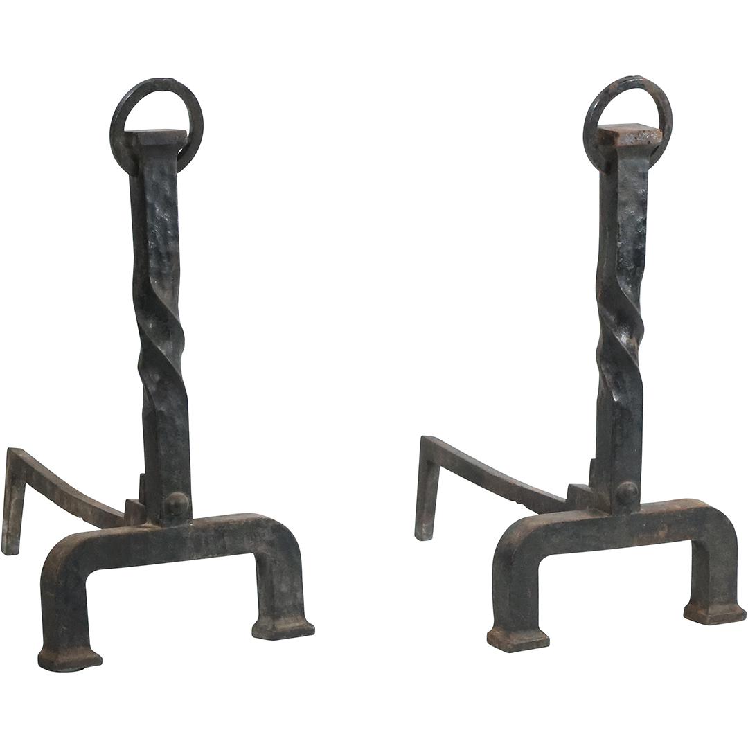 Antique Arts and Crafts Iron Fireplace Andirons: Antique Arts and Crafts Iron Fireplace Andirons. size: 20 x 10 x 16