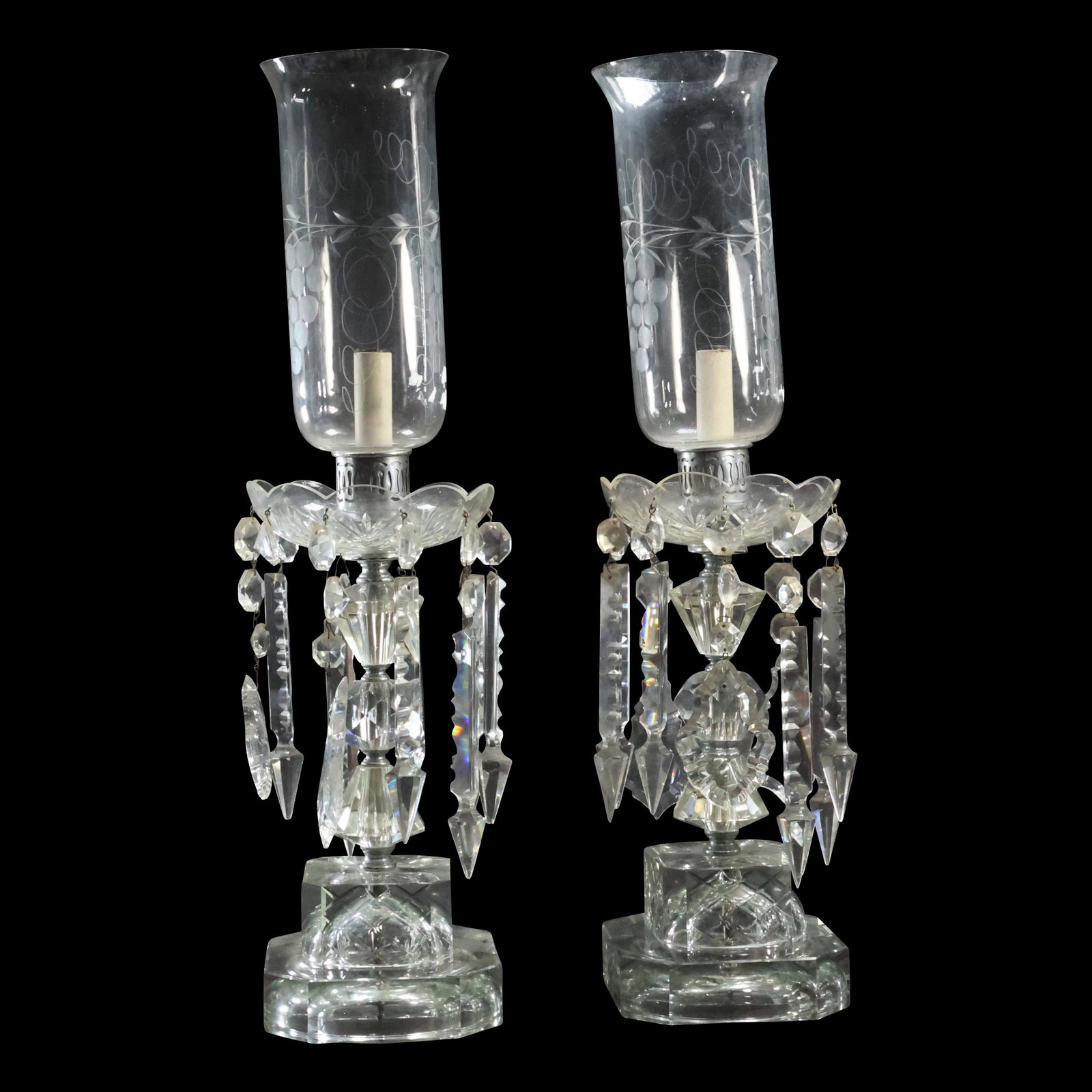 [2] Crystal Glass Hurricane Lamps with Etched Glass Shades and Hanging Prisms: [2] Crystal Glass Hurricane Lamps with Etched Glass Shades and Hanging Prisms. size: 22.75 x 6