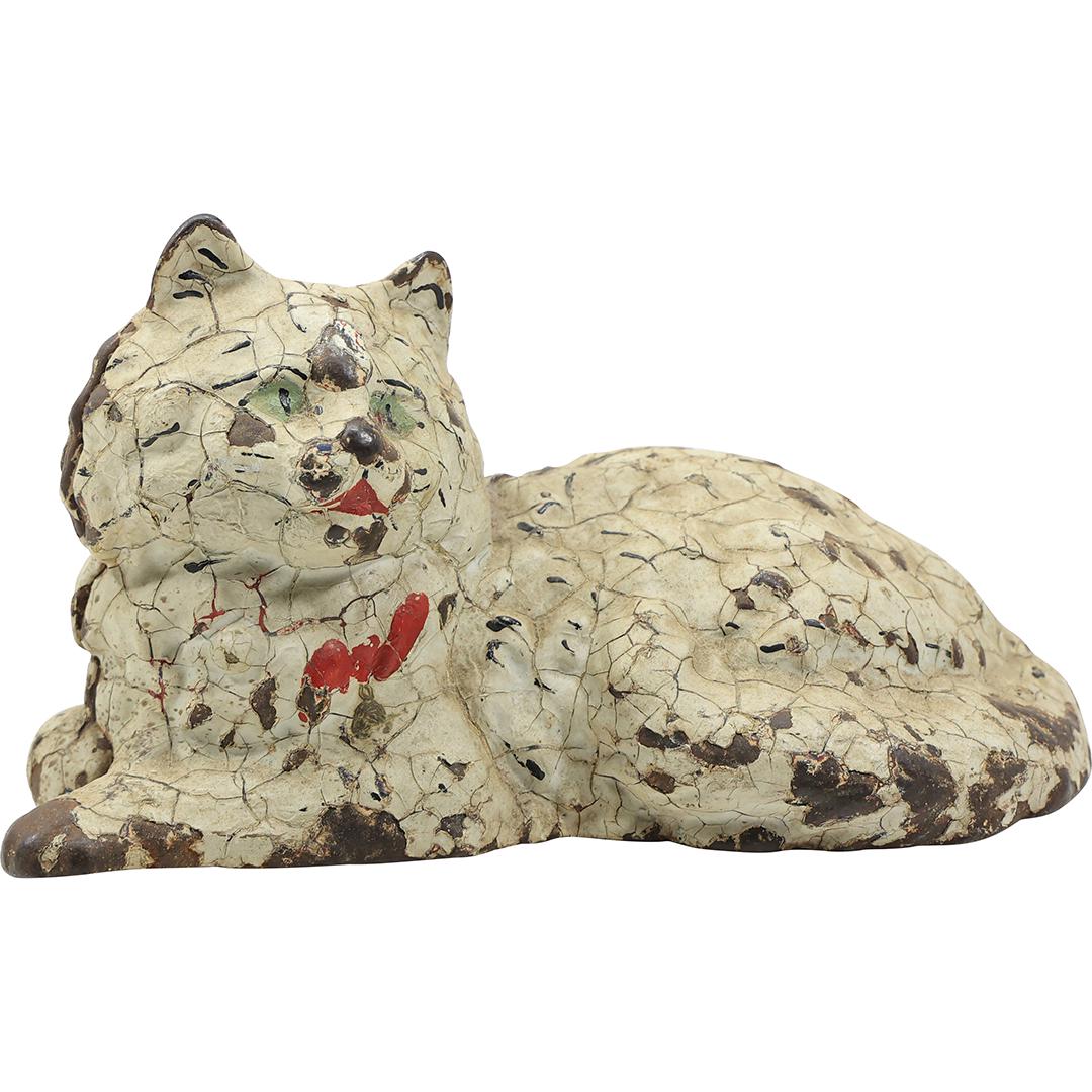 Antique Cast Iron WHITE RECLINING CAT Figure Doorstop - in old paint finish (1 of 16)