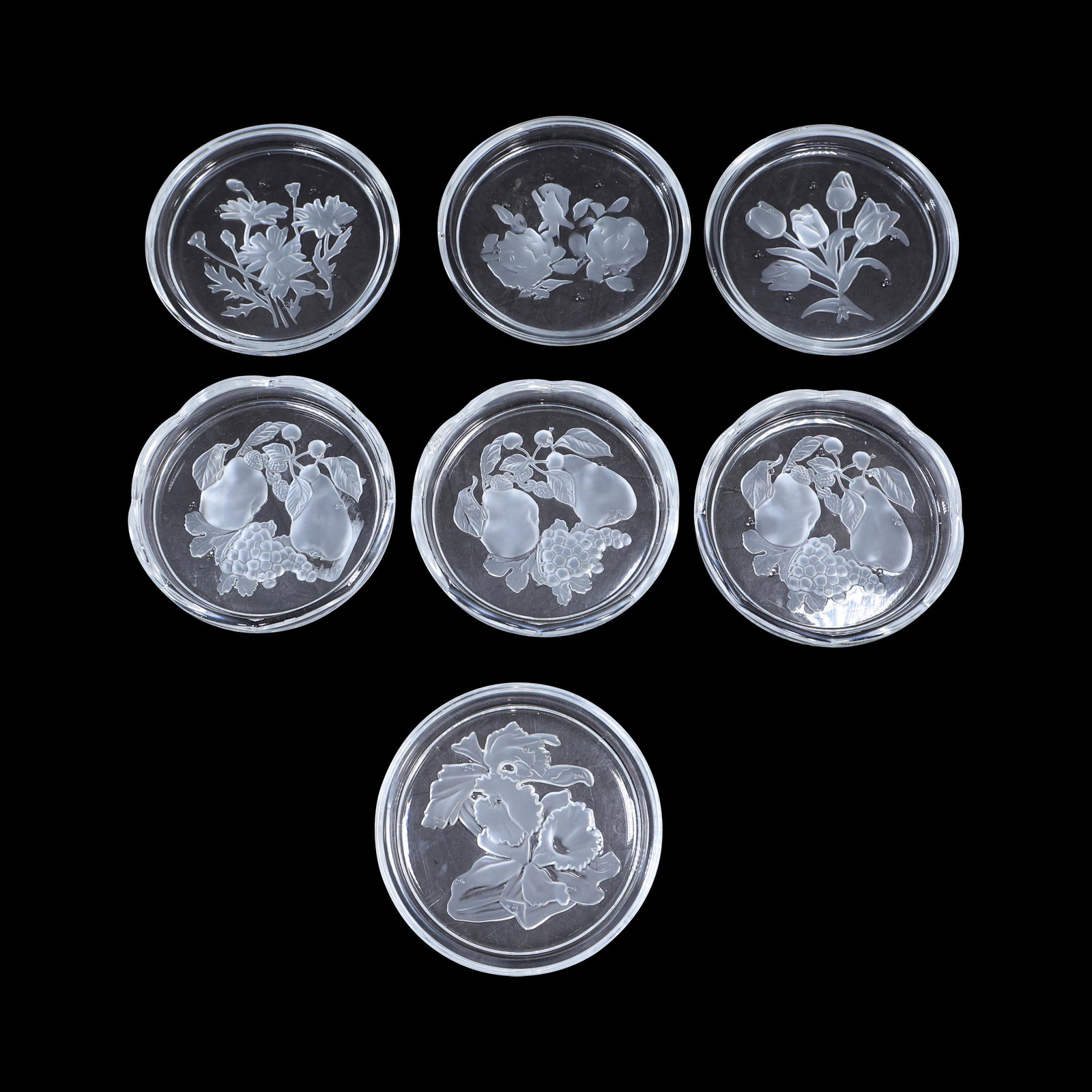 [7] Val St Lambert Crystal Glass Embossed Wine Coasters: [7] Val St Lambert Crystal Glass Embossed Wine Coasters. size: .75h 3.5w