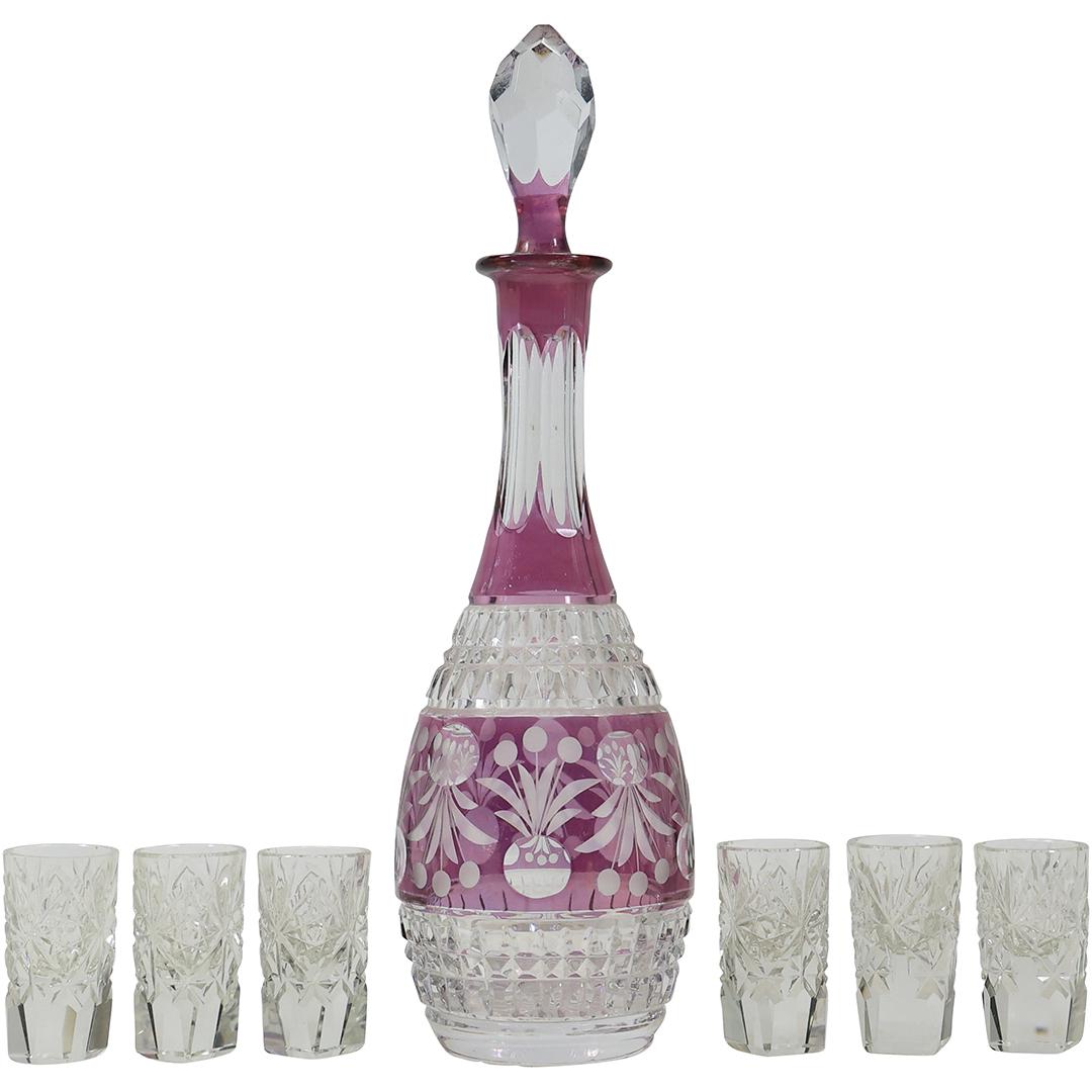 Bohemian Glass Liquor Decanter Purple Amethyst Cut to Clear with 6 Cut Glass Cordials (1 of 15)