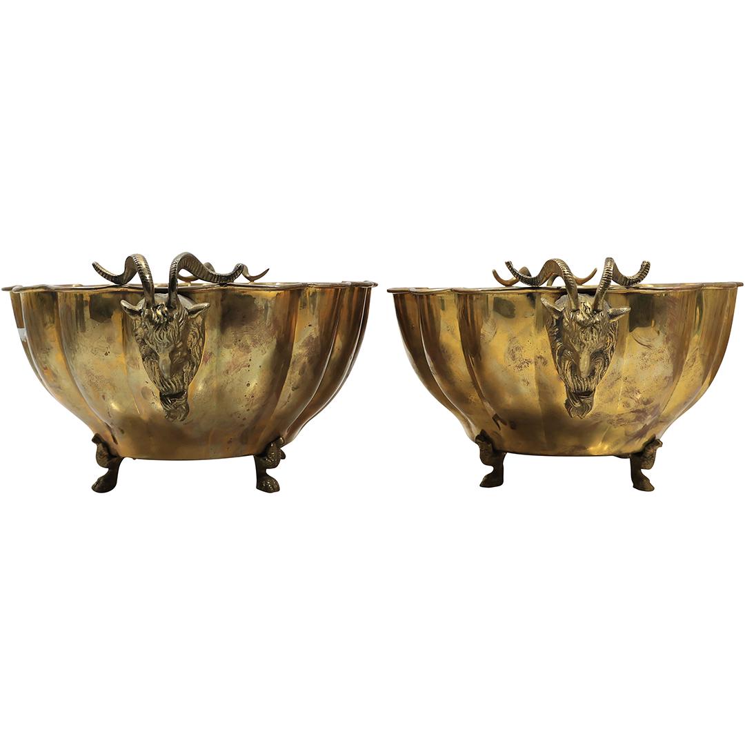 [2] Brass Oval Bowl / Planters with Rams Heads Sides - Good Patina (1 of 20)