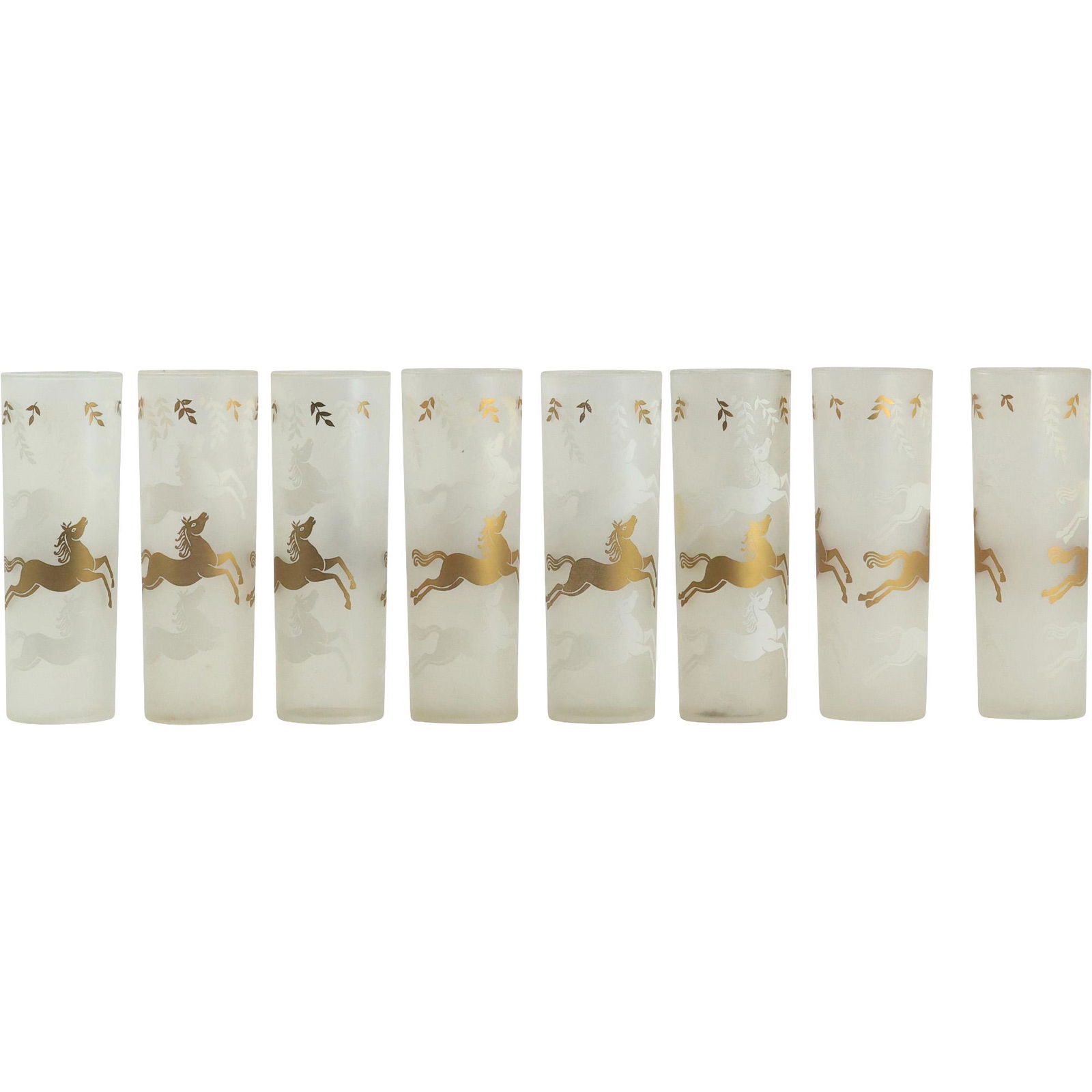 [8] Libbey Glass Gold and White Jumping Horses Tom Collins Cocktail Glasses: [8] Libbey Glass Gold and White Jumping Horses Tom Collins Cocktail Glasses. Size: 7 h 2 w