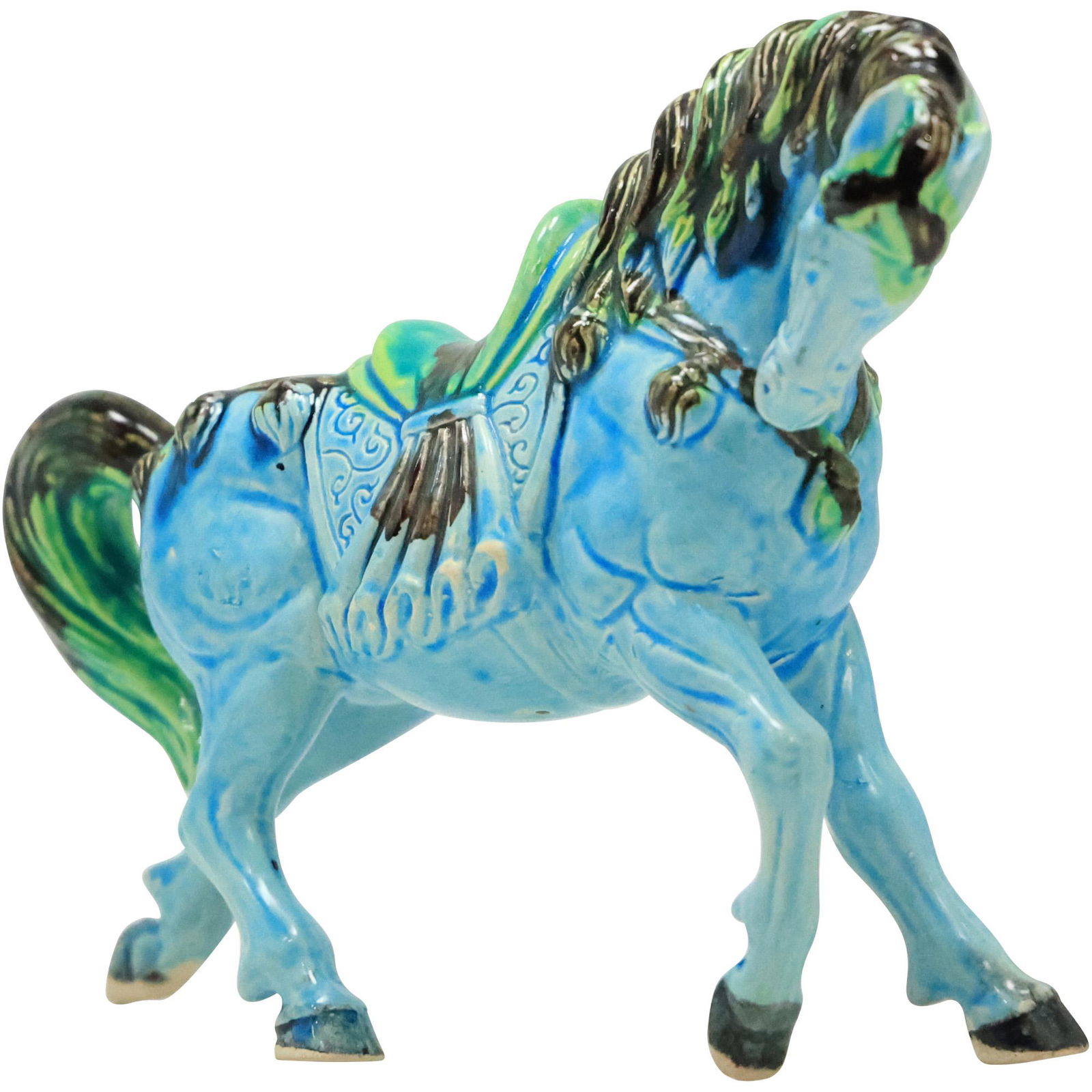 Majolica Ceramic Blue Glazed Saddled Horse Figure Statue (1 of 20)