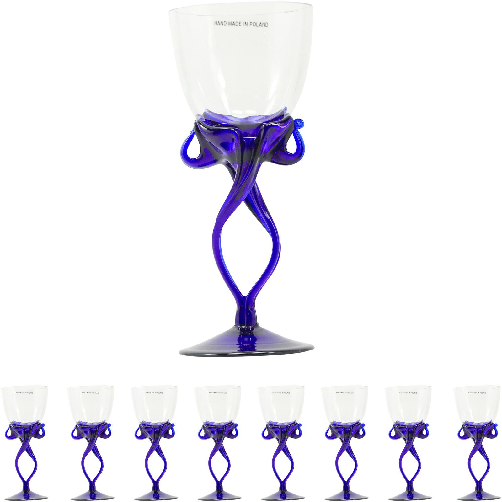[8] Cobalt Blue Glass Sculptured Base Clear Top Wine Glasses, Made in Poland: [8] Cobalt Blue Glass Sculptured Base Clear Top Wine Glasses, Made in Poland. Size: 8h 3.25 w