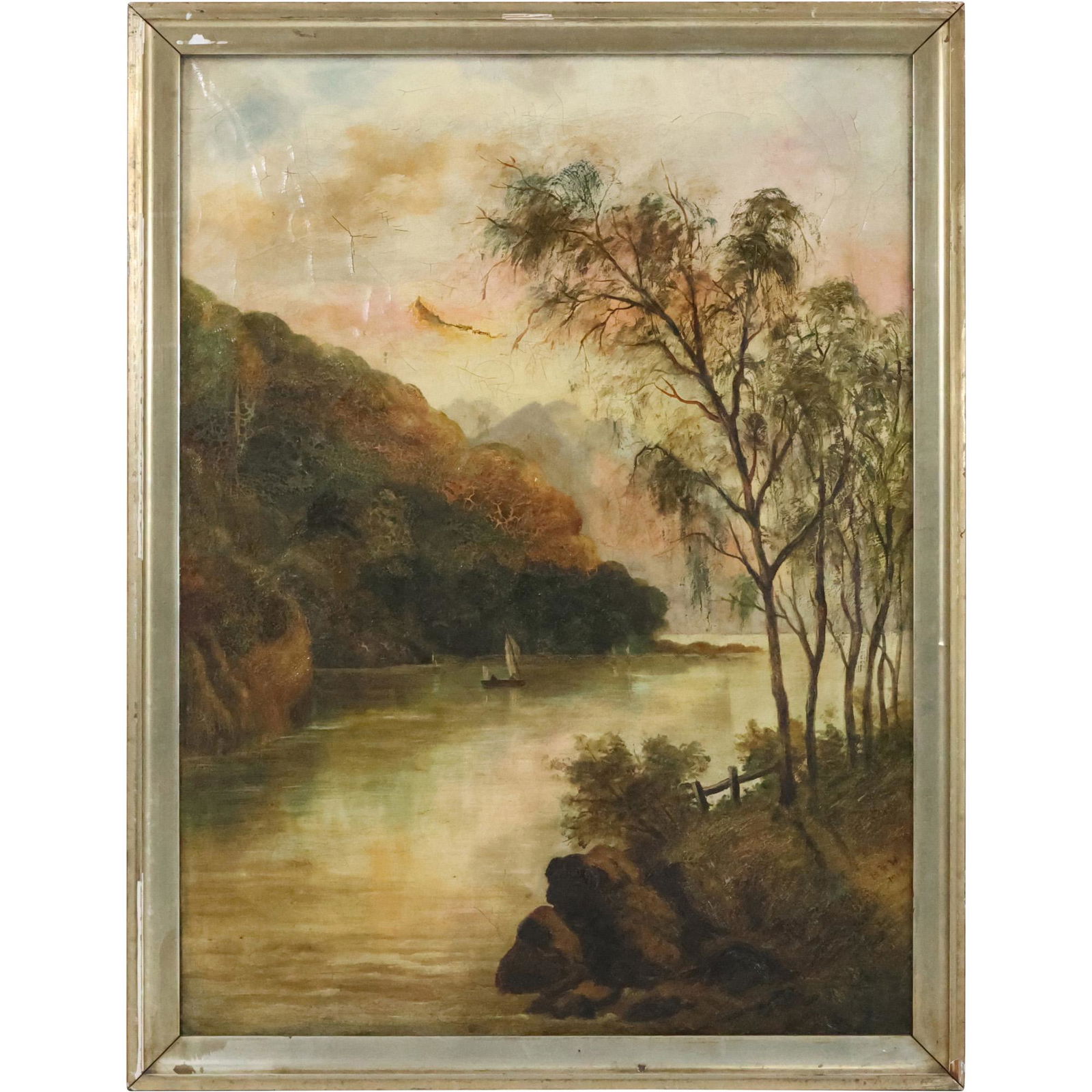 19th C. Hudson River Oil Painting on Canvas with Sail Boat, Framed (1 of 13)