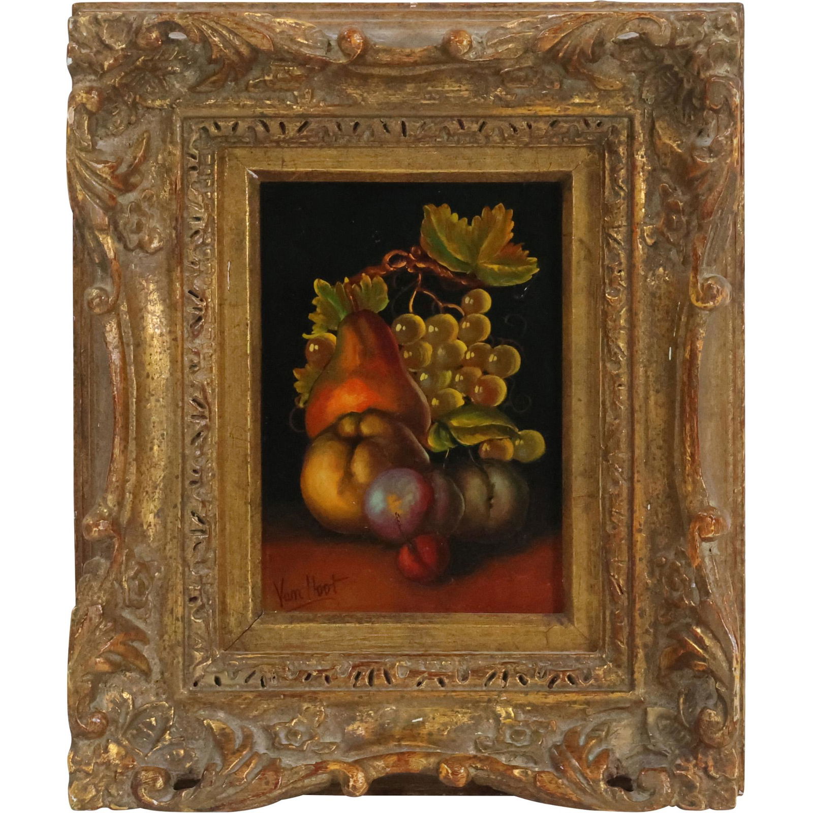 Signed Van Hoot, Fine 20th C. Still Life Fruits Oil Painting on Board, Gallery label on Verso (1 of 10)