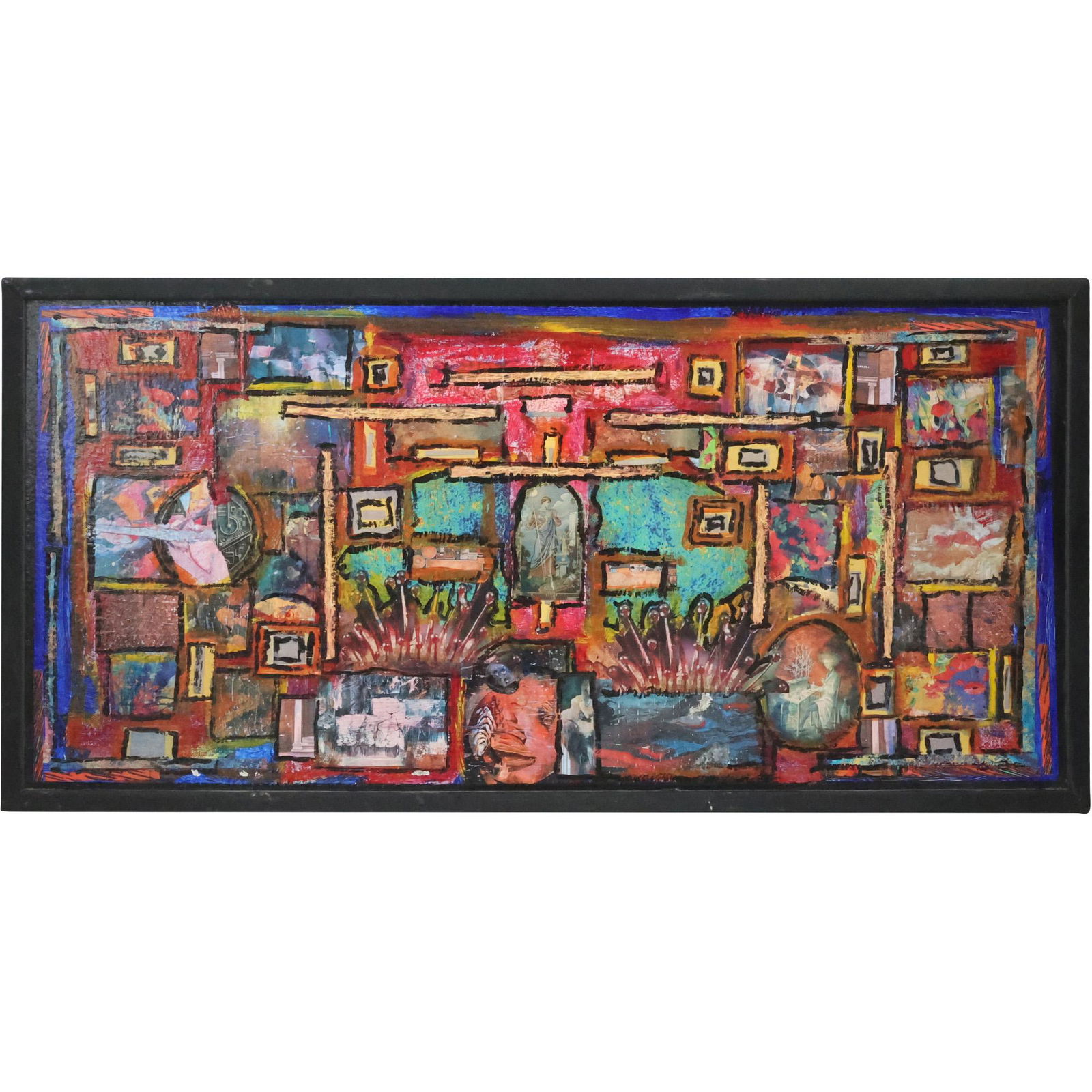 Fine 20th C. Abstract Oil Painting on Canvas Collage in Composition: Fine 20th C. Abstract Oil Painting on Canvas Collage in Composition. size: 23.75 x 48.25, 24 x 48.75 outside frame