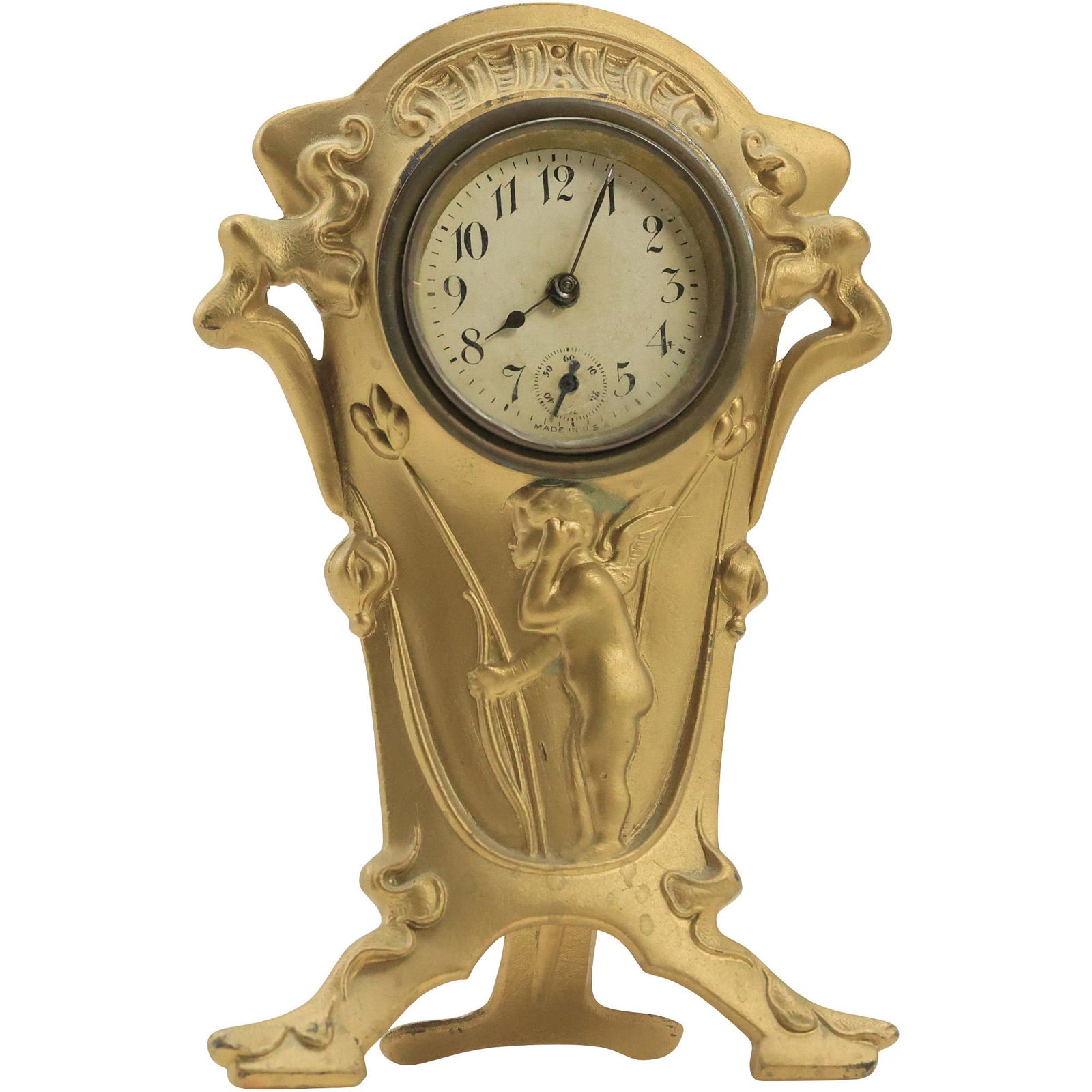 Cast Metal Antique Art Nouveau Shelf Clock, Made in USA (1 of 15)