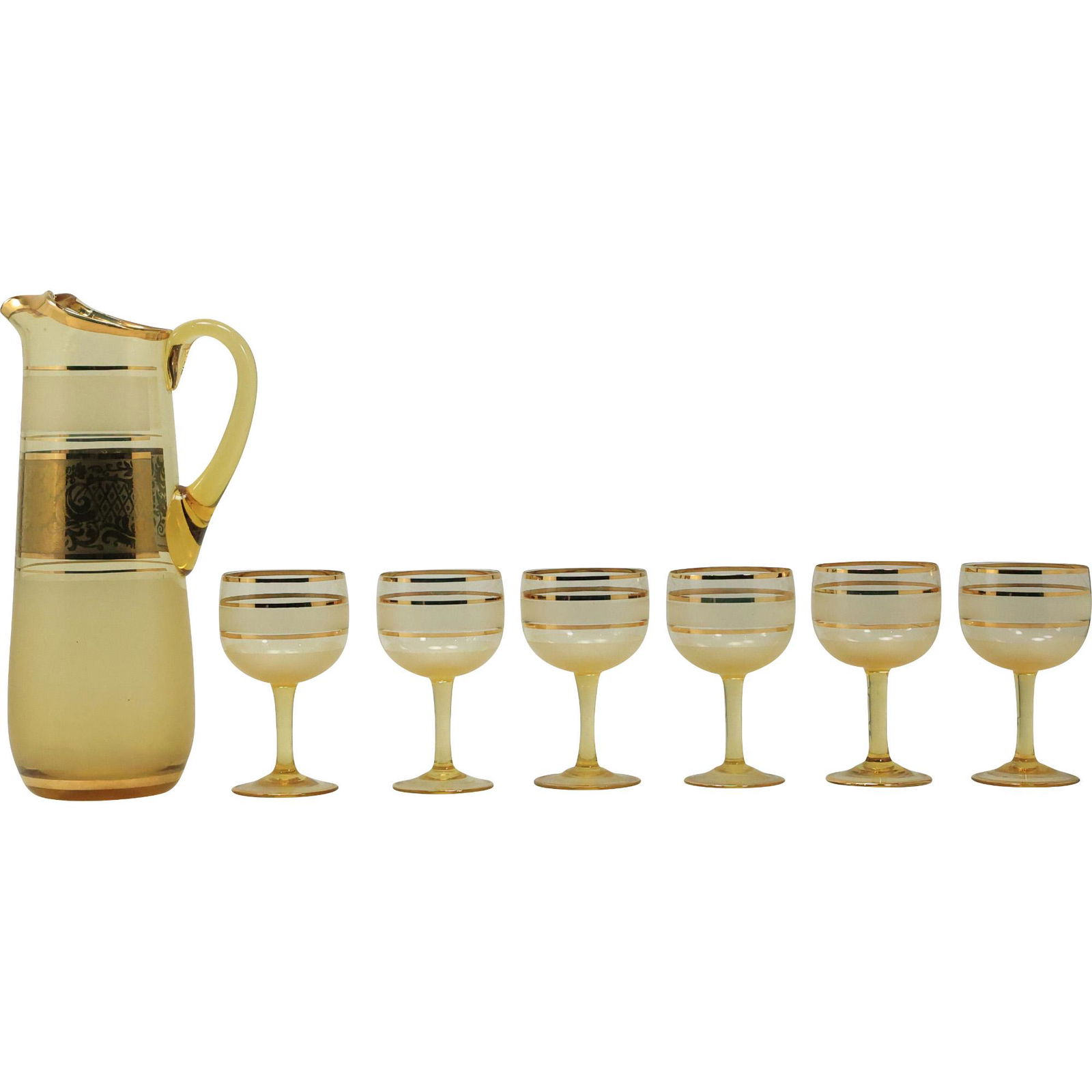 Mid-Century Modern Gold Banded Glass Cocktail Pitcher and 6 Stem Goblets (1 of 17)