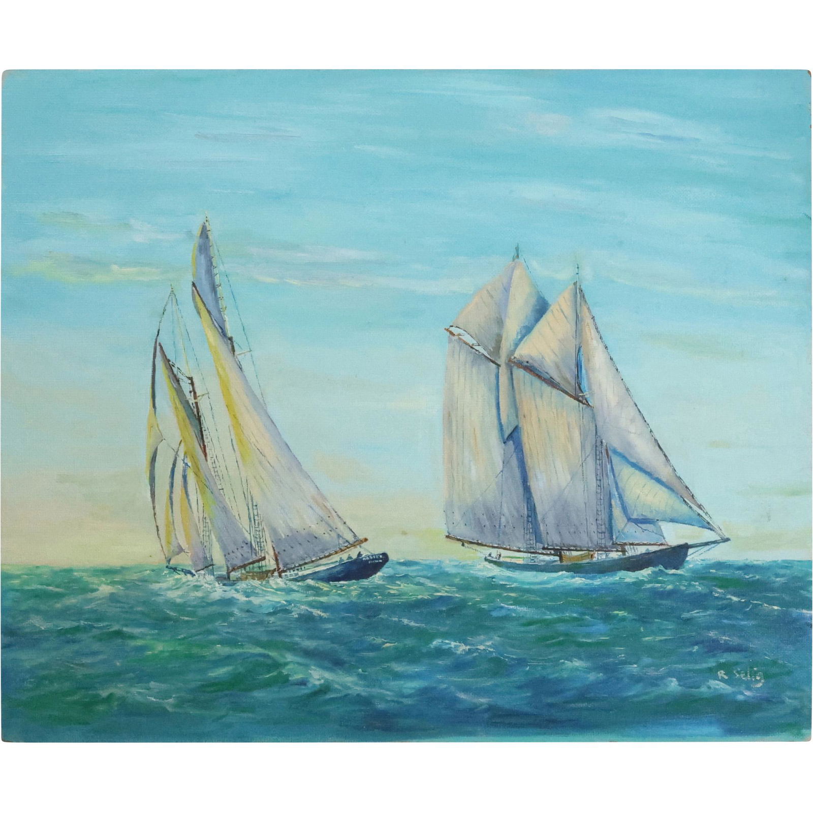 R Selig, Oil Painting on Print Board Two Sailboats on Seas, Opposite side A. Thieme Print: R Selig, Oil Painting on Print Board Two Sailboats on Seas, Opposite side A. Thieme Print. size: 25 x 30