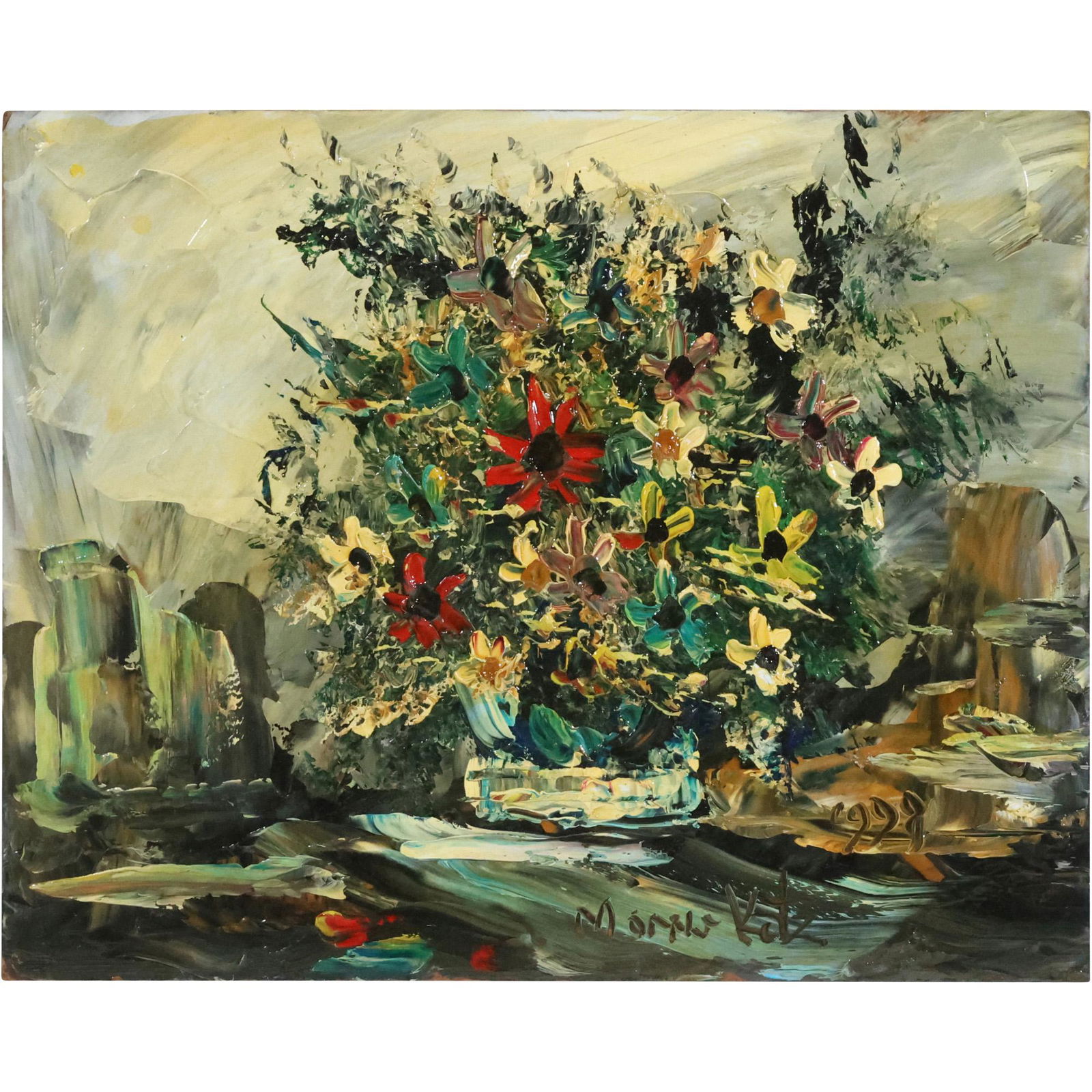 Morris Katz 1998, Jewish American, Acrylic Painting Still Life Flowers in Landscape (1 of 11)