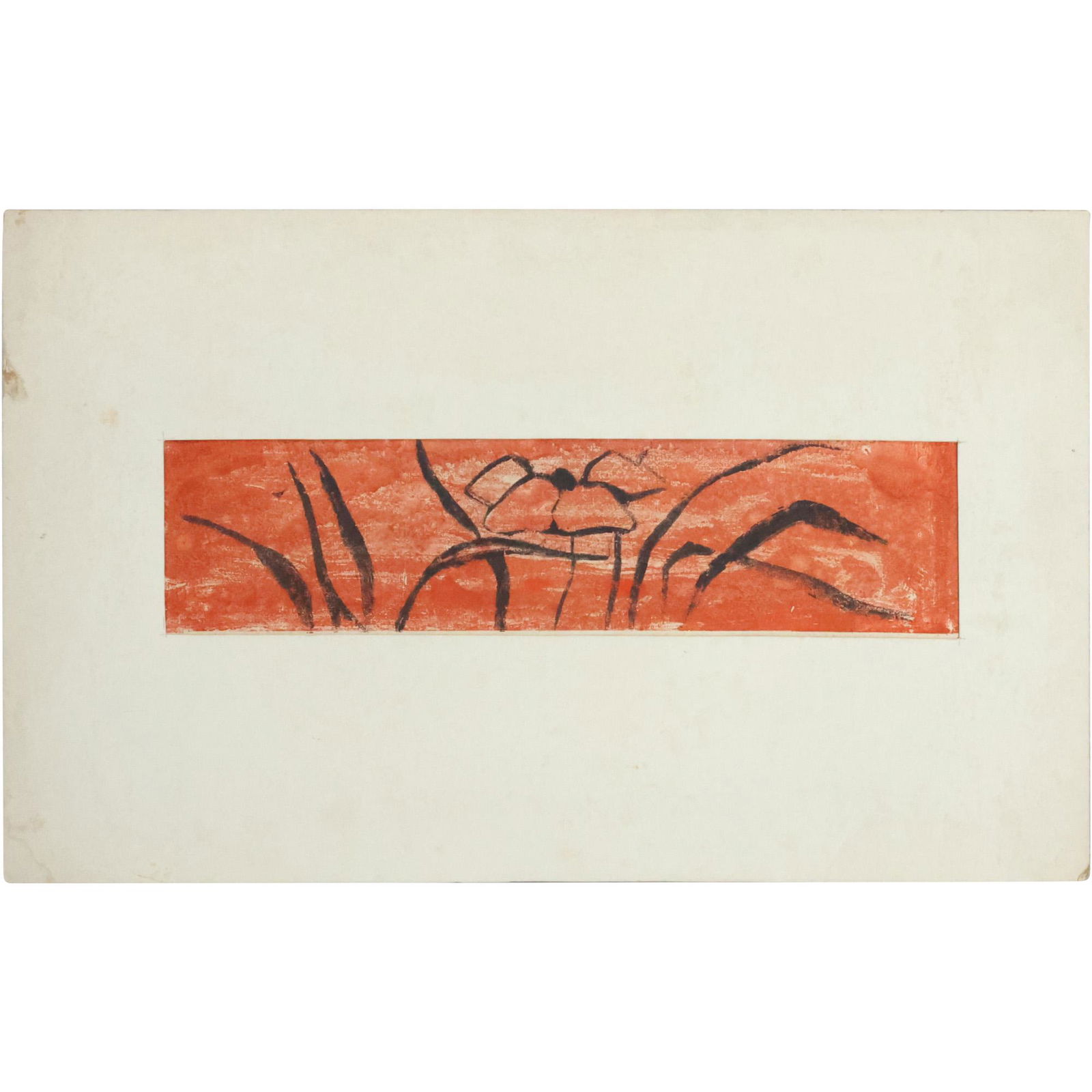 Red & Black Abstract Woodblock from Estate of Donald Purdy, CT Artist, Unsigned: Red & Black Abstract Woodblock from Estate of Donald Purdy, CT Artist, Unsigned. size: 4.5 x 17.5 matte, 15.25 x 24.25 outside matte