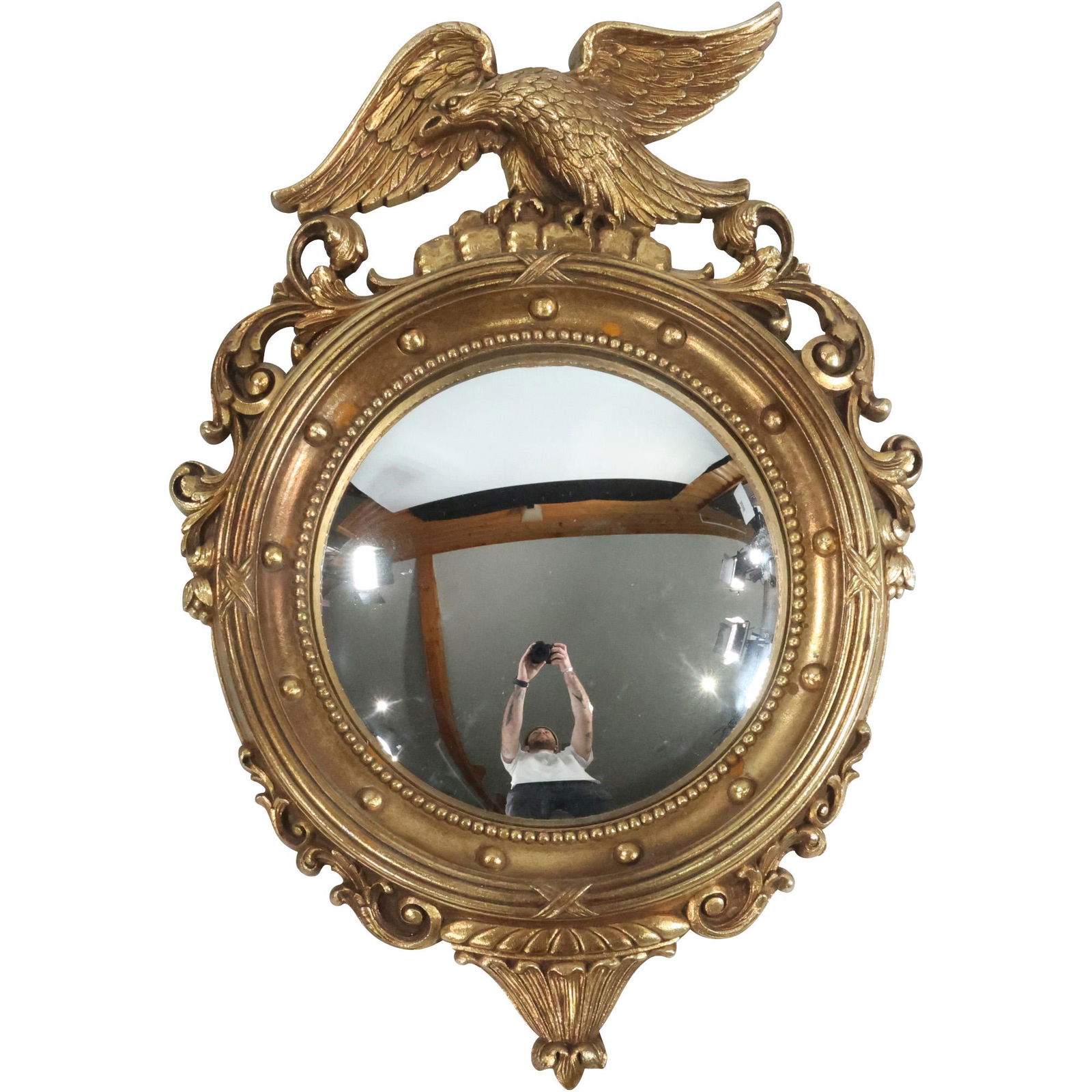 Vintage Syroco Wood Round Bulls Eye Mirror with Eagle Top Crest: Vintage Syroco Wood Round Bulls Eye Mirror with Eagle Top Crest. size: 20.75 x 14.75