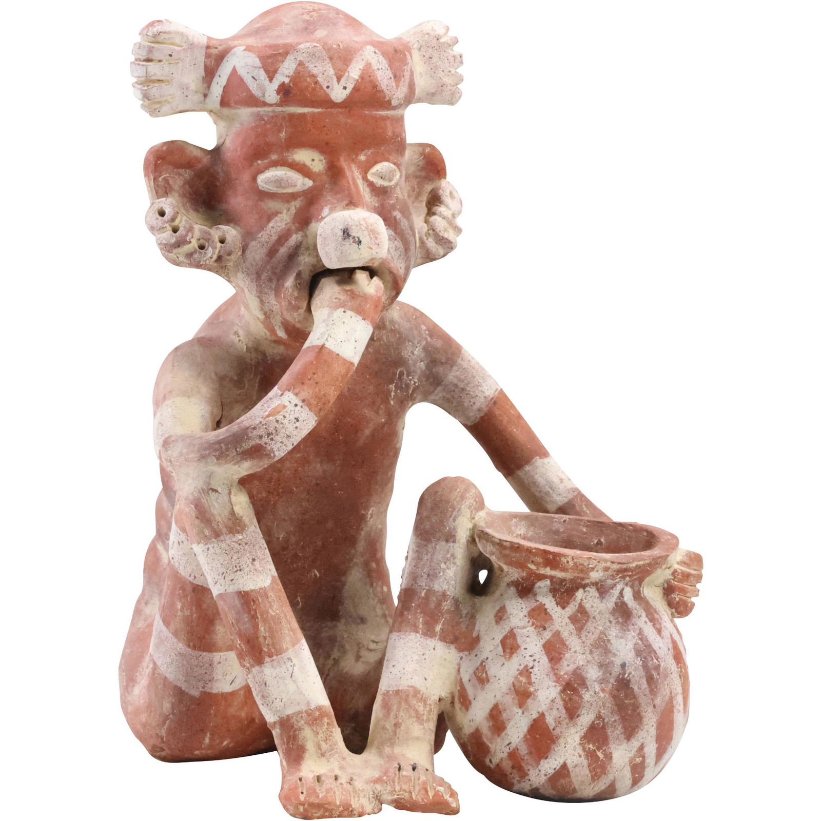 Terra Cotta Redware Peruvian Figure with Vessel (1 of 14)