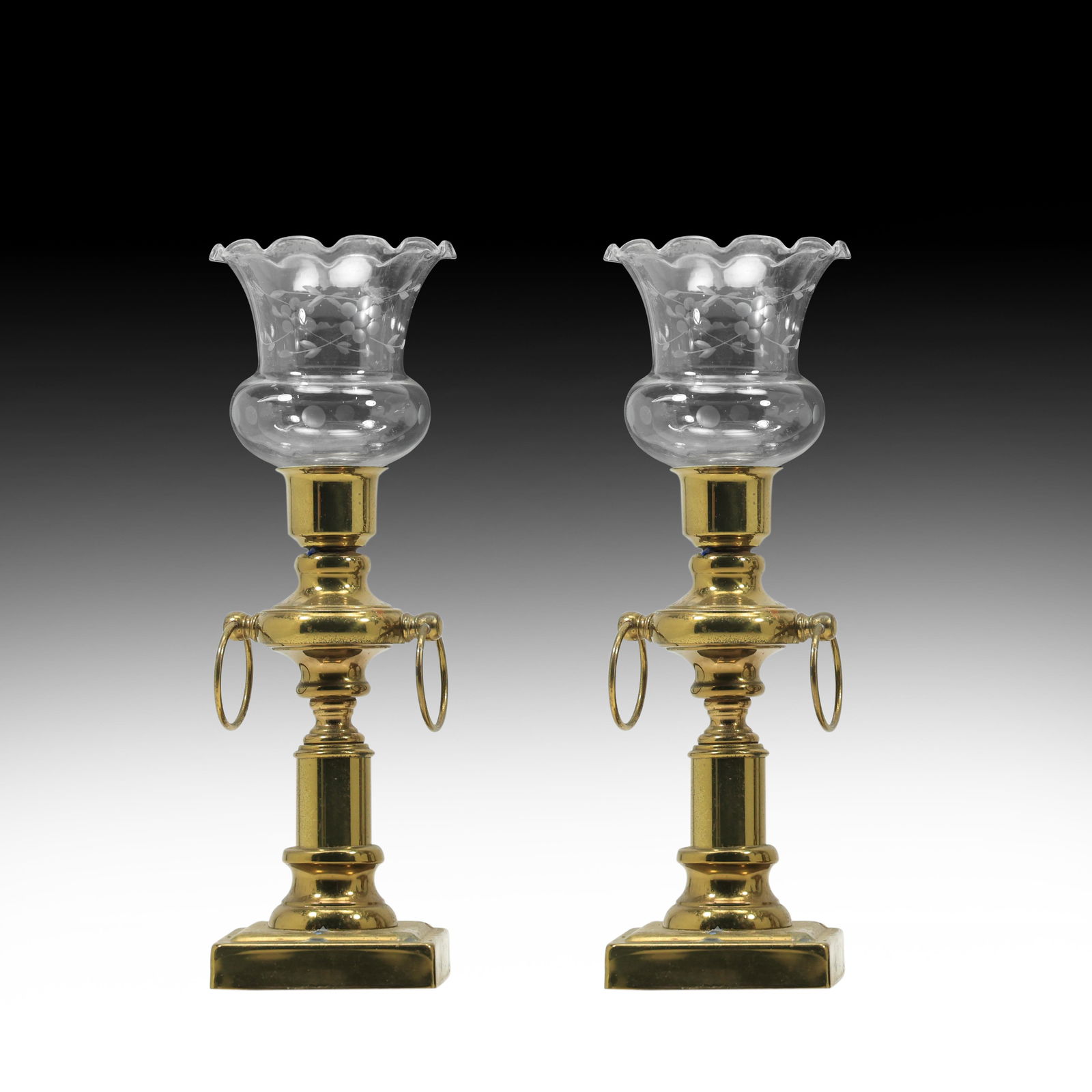 Pair Brass Formal Regency Hurricane Candlesticks with Etched Glass Shades (1 of 20)