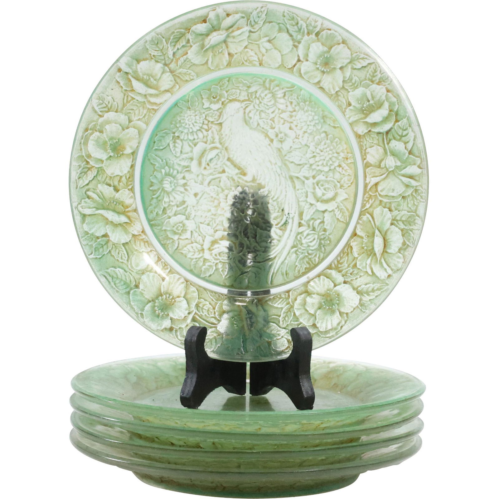 [5] RARE Lalique Style Glass Luncheon Plates EXOTIC BIRD, FULL FLORAL BORDER (1 of 9)