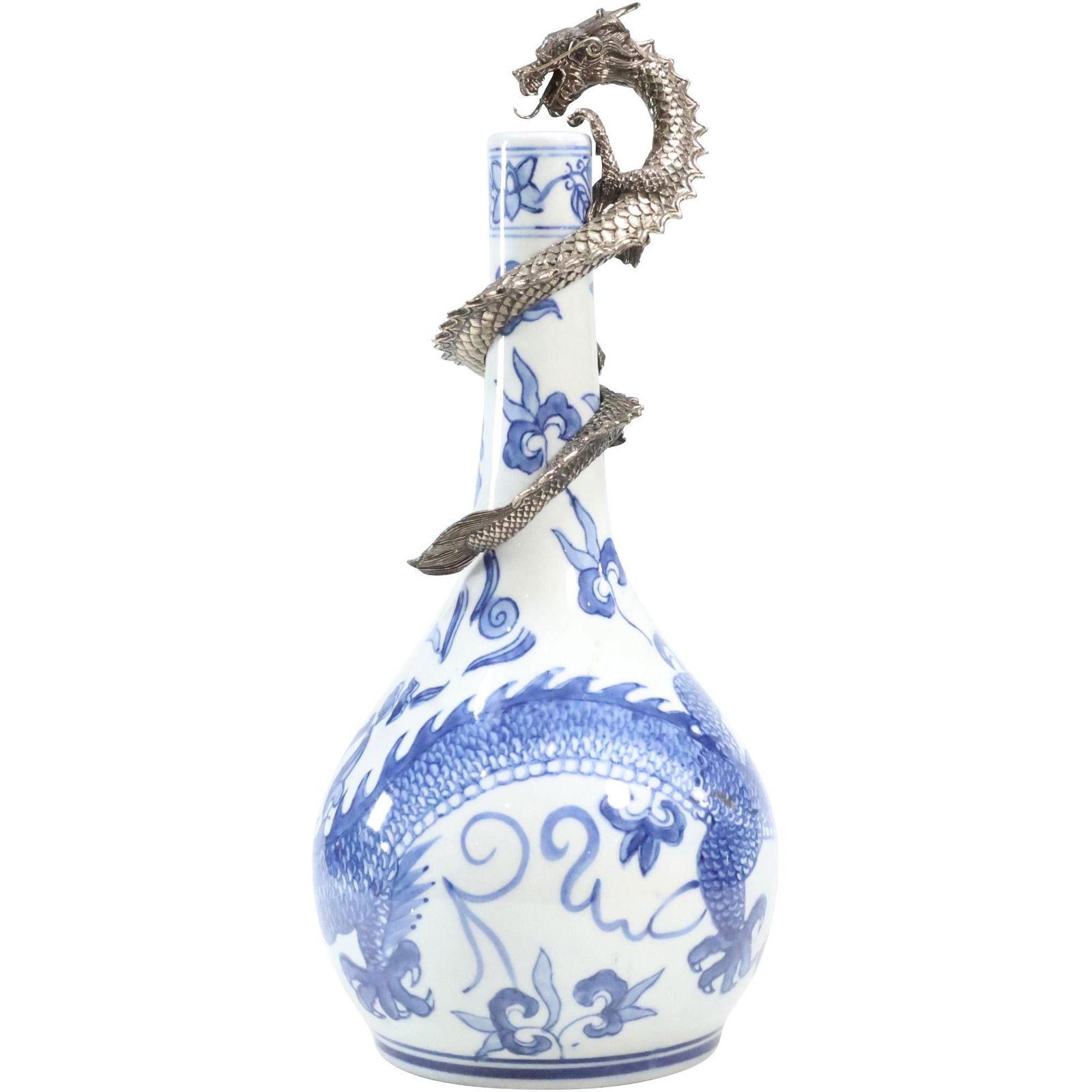 Fine Chinese or Japanese Blue & White Porcelain Vase with Silver Metal Wrapped Dragon (1 of 13)