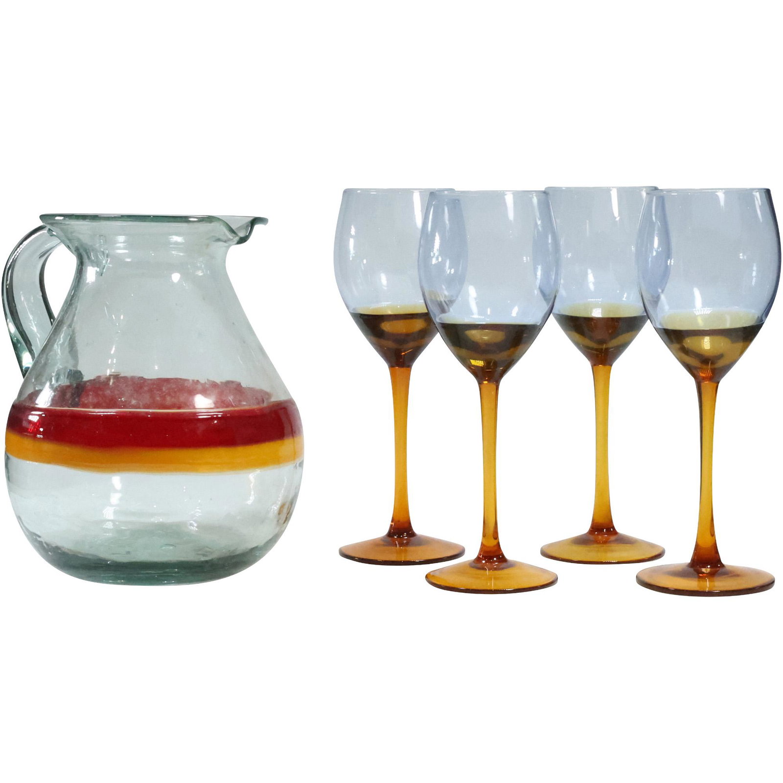 Orange Banded Glass Water Pitcher and 4 Amber Base Wine Glass Stemware: Orange Banded Glass Water Pitcher and 4 Amber Basew Wine Glass Stemware. size: pitcher (8.5 x 8), 4x glasses (9 x 3.25)