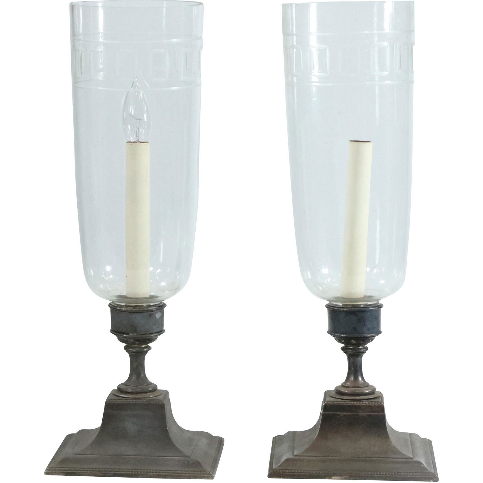 Pair Metal Base Formal Regency Electrified Hurricane Lamps with Tall Etched Glass Shades (1 of 20)