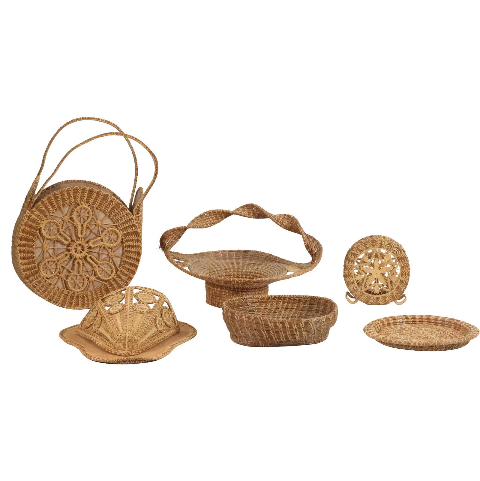 6 Pieces Estate Grouping Assorted SEAGRASS WICKER Folk Art Baskets , Bowls (1 of 20)