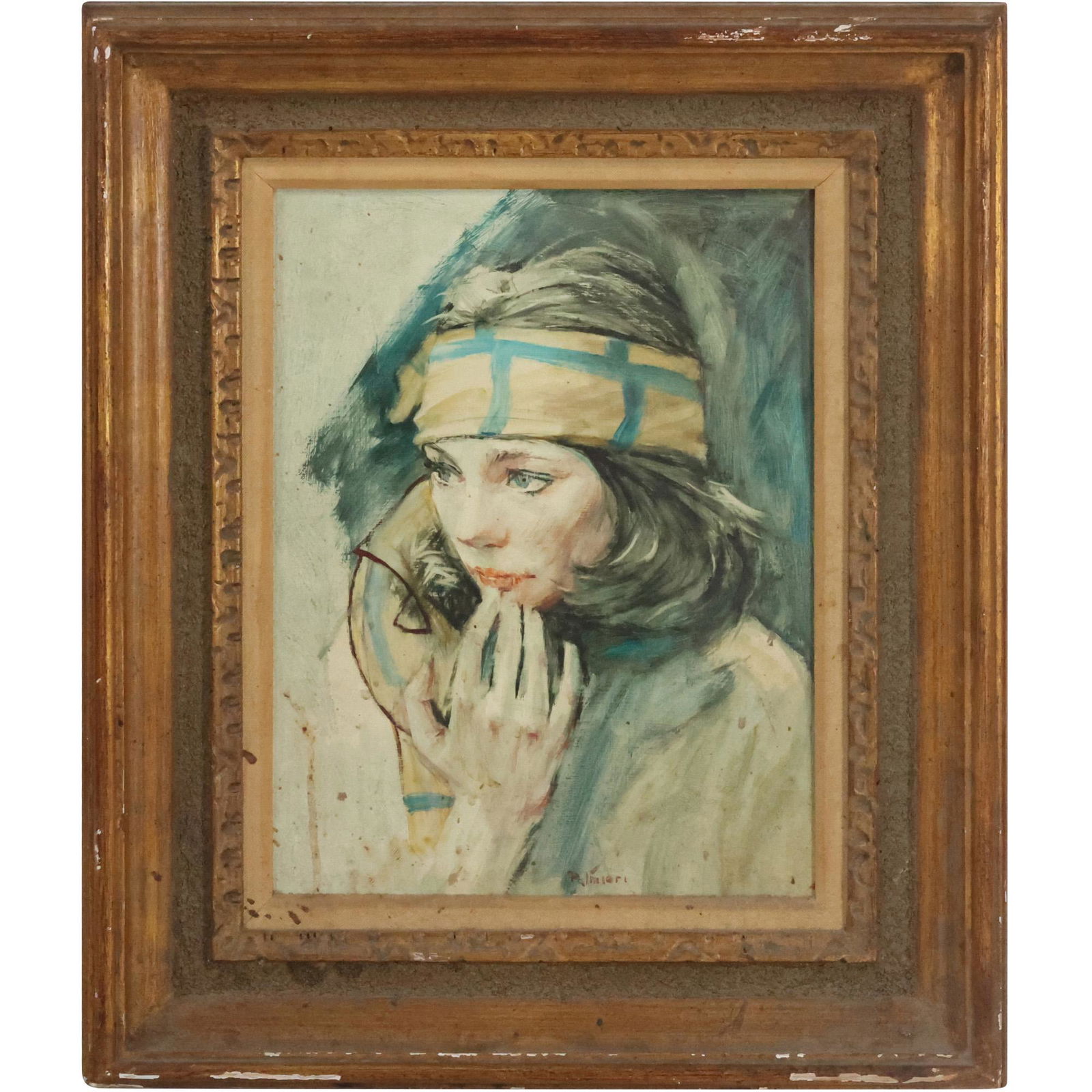 Frank Pamieri 1922-2017 NY / ME, Portrait Young Woman Wearing Headband, Oil Painting (1 of 9)