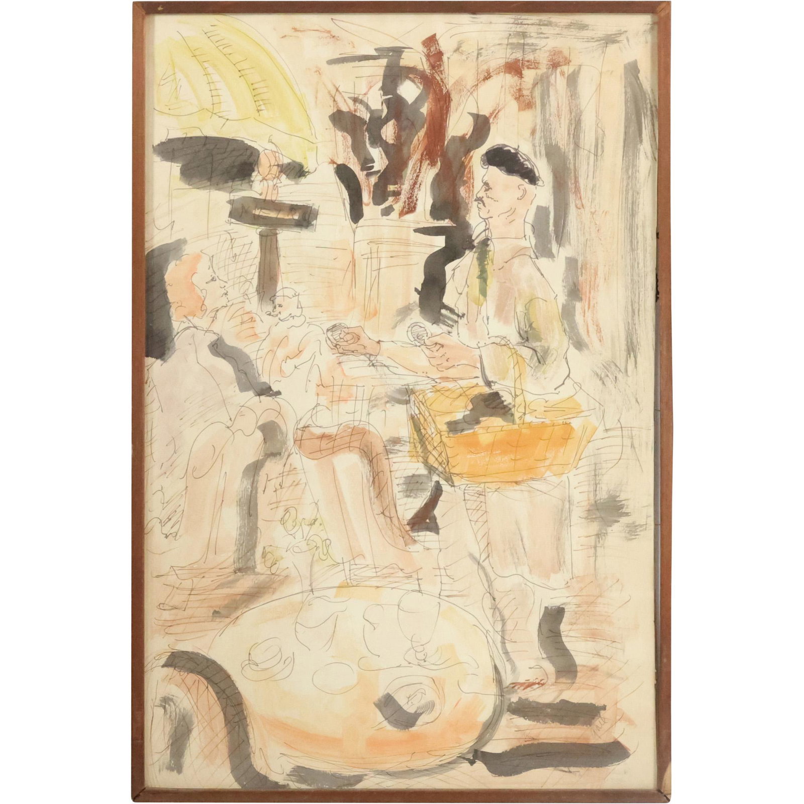 Signed Gail, Mid-Century Modern FIGURES IN OUTDOOR CAFE Mixed Media Watercolor Painting (1 of 16)