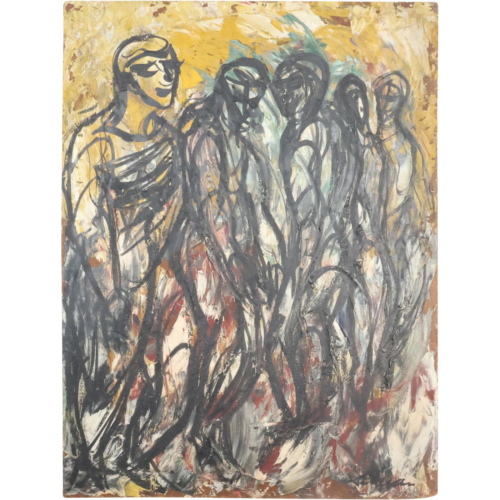 Signed ADRIAN, 1950s Oil on Board Painting GROUPING MODERNISM FIGURES (1 of 13)