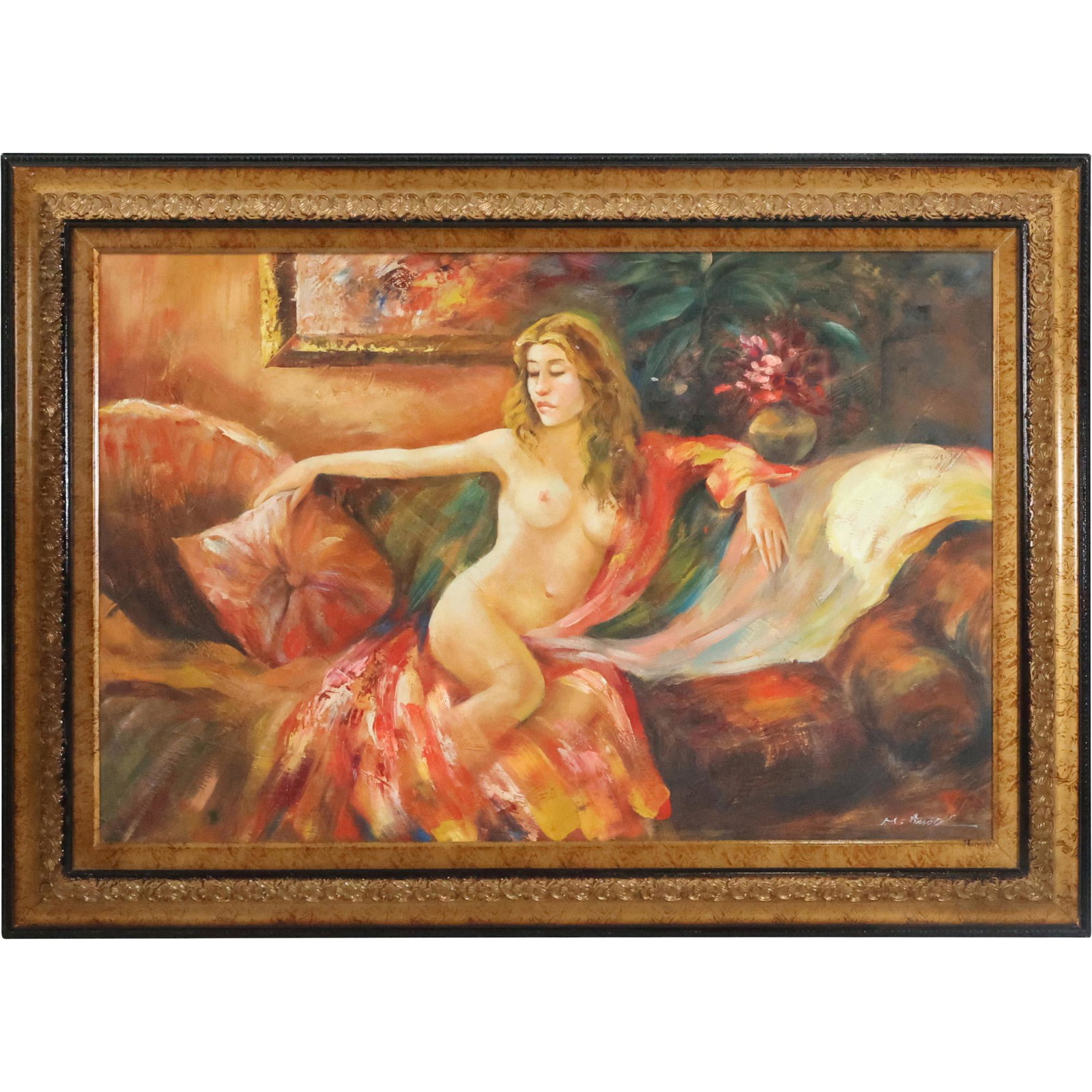 Signed Aaron, 20th C. Nude Female on Sofa Oil Painting on Canvas, Framed: Signed Aaron, 20th C. Nude Female on Sofa Oil Painting on Canvas, Framed. size: 24 x 36, 31.5 x 43.5 outside frame