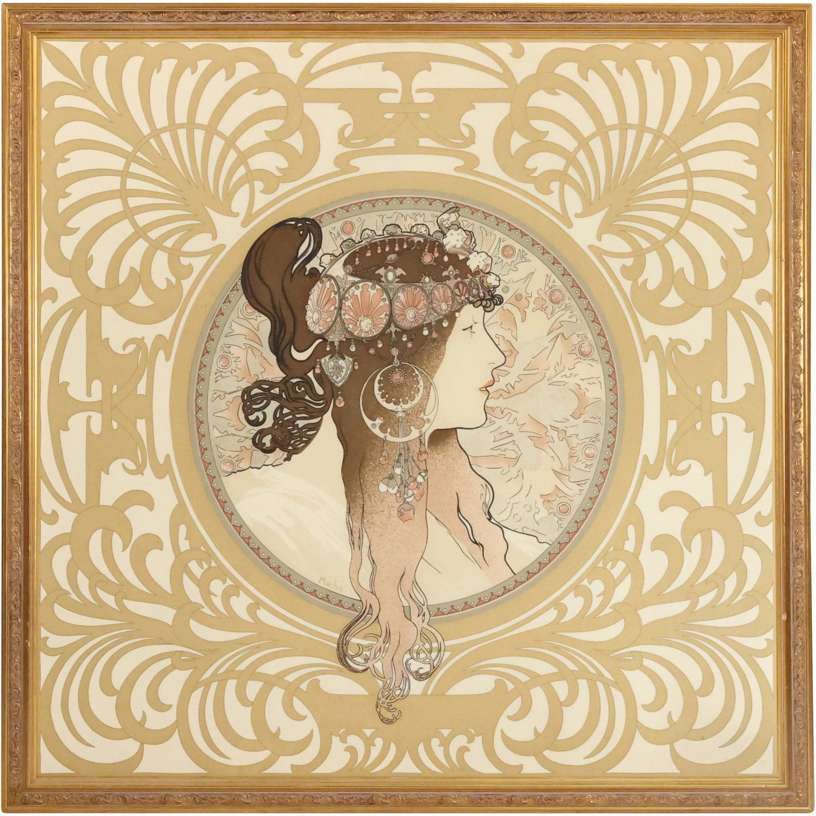 Alphonse Mucha, "La Tete Byzantine" Silk Scarf, Signed, Framed, Label on Verso (1 of 18)