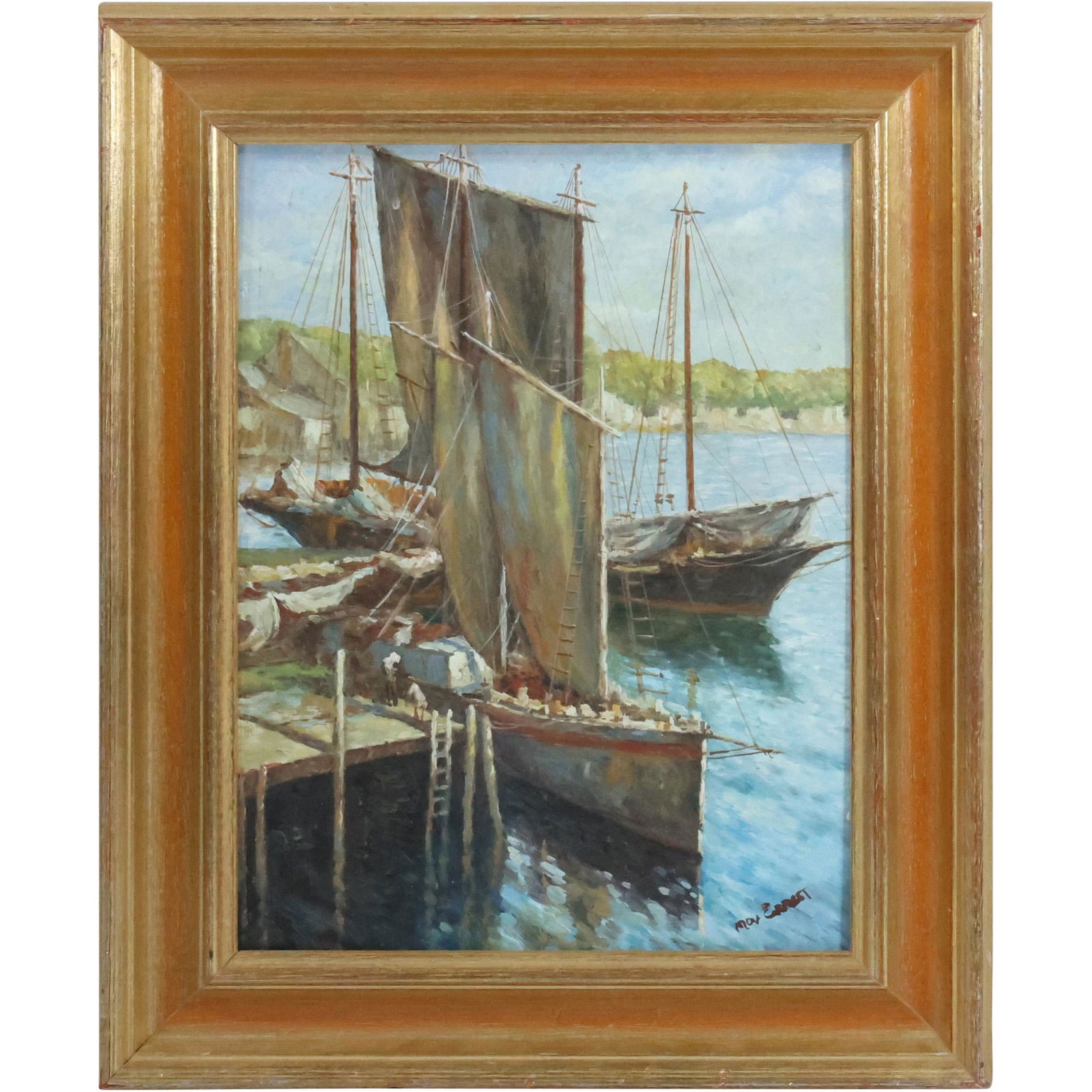Signed Max Ernest, Oil on Board Painting Fishing Boats Docked at Harbor, Framed (1 of 13)