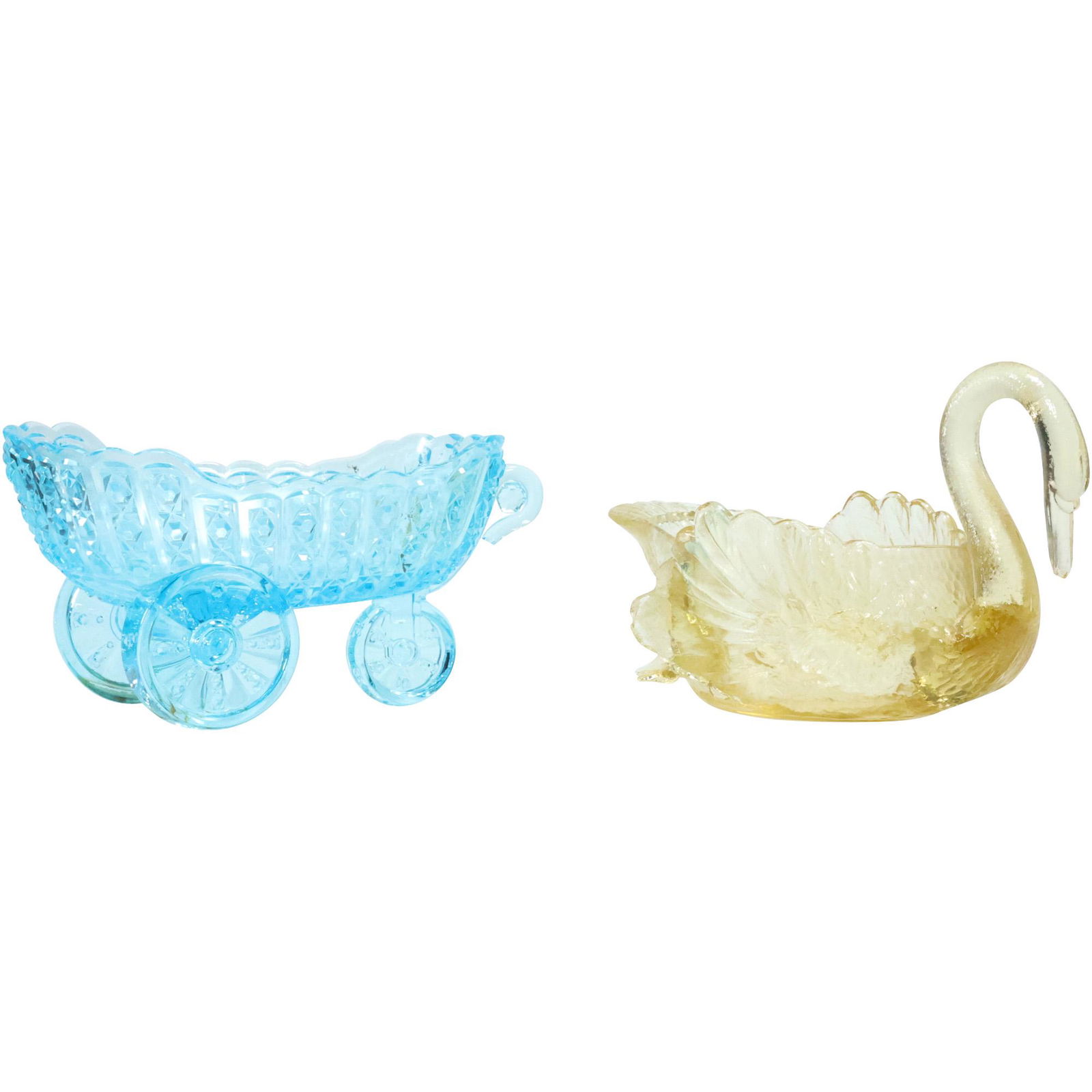 Ice Blue Pressed Glass Cart on Wheels & Light Amber Glass Swan Figure Candy Bowl (1 of 20)