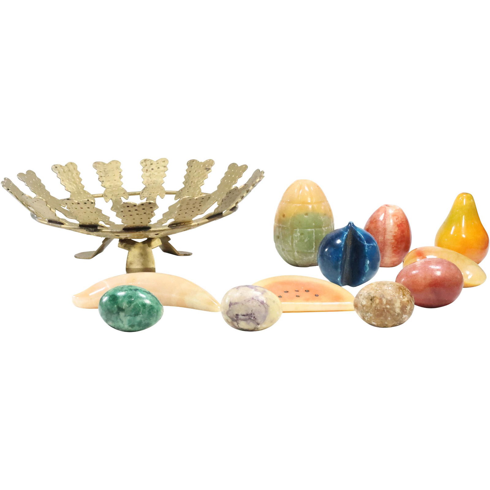 Brass Mid-Century Brutalist Bowl with 10 Assorted Stone Fruit Sculptures (1 of 20)