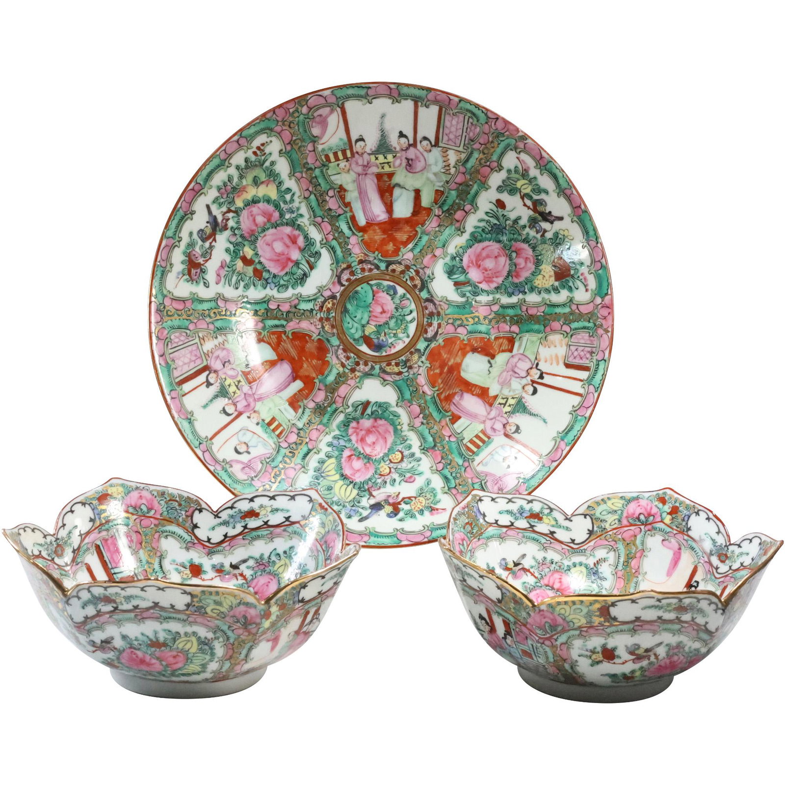 Japanese Fine Porcelain Famile Rose 2 LOTUS BOWLS and LARGE FAMILE ROSE CENTER BOWL: Japanese Fine Porcelain Famile Rose 2 LOTUS BOWLS and LARGE FAMILE ROSE CENTER BOWL. size: plate (2.5 x 14.25), 2x bowls (4.25 x 9.25)
