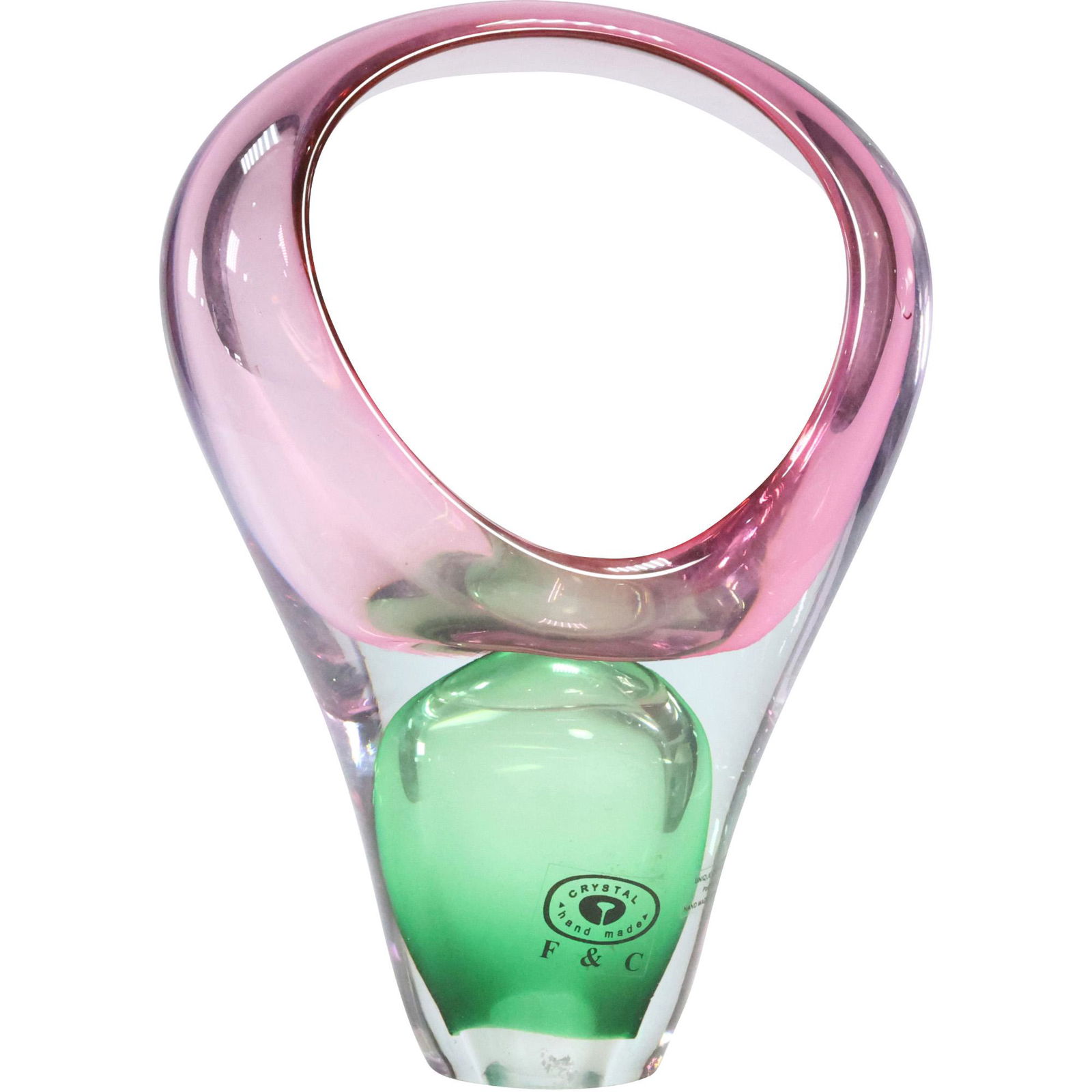 F & C Poland Colored Crystal Glass Pink to Green Handled Basket Vase (1 of 13)