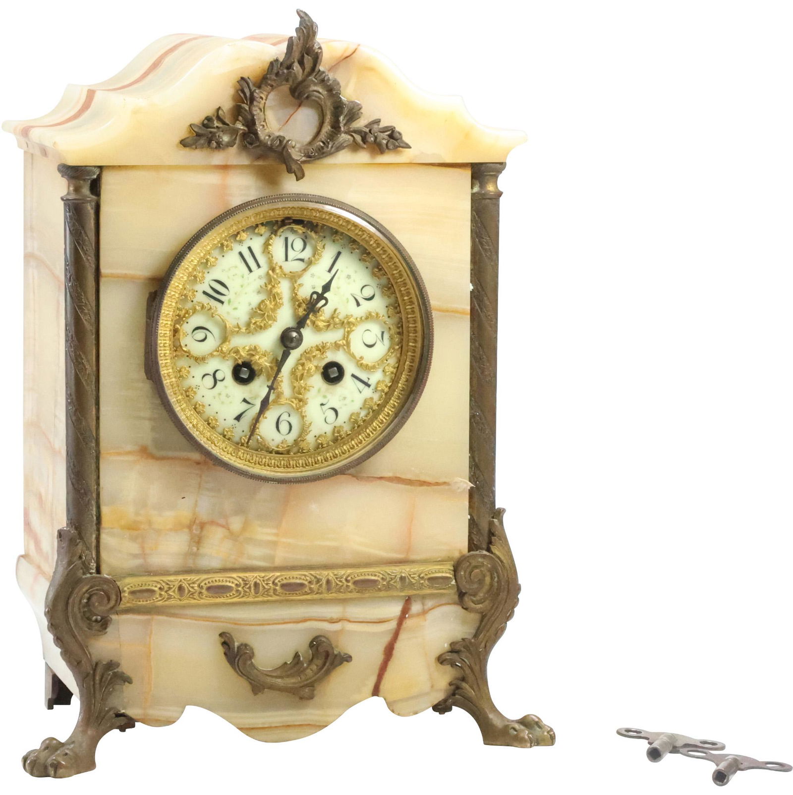 Antique French Onyx Mantle Clock Ornate Porcelain Dial, Bronze Accents (1 of 20)