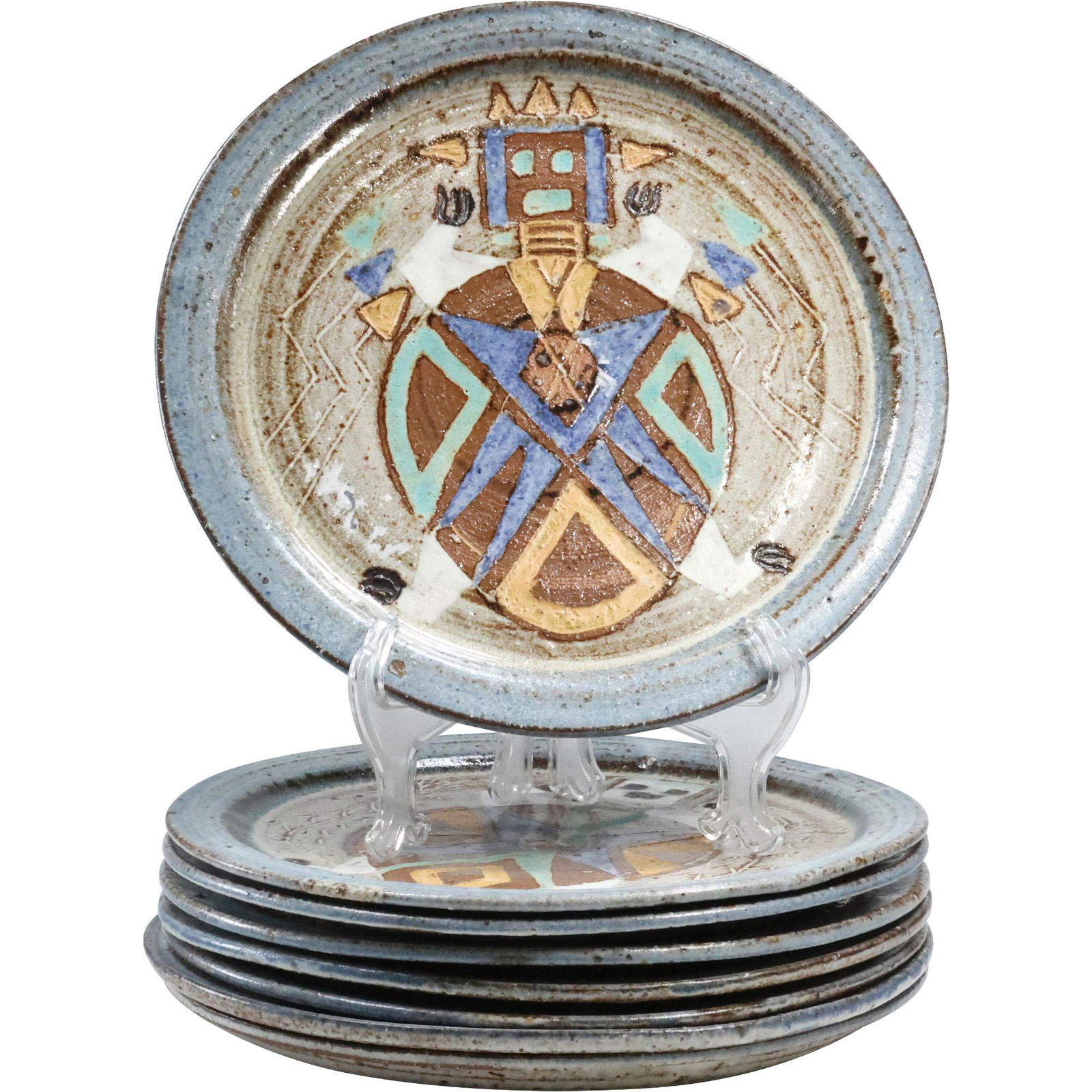 [8] IRIS BARNA, Santa Fe NM Art Pottery Dinner Plates All Over Decoration, Signed (1 of 12)