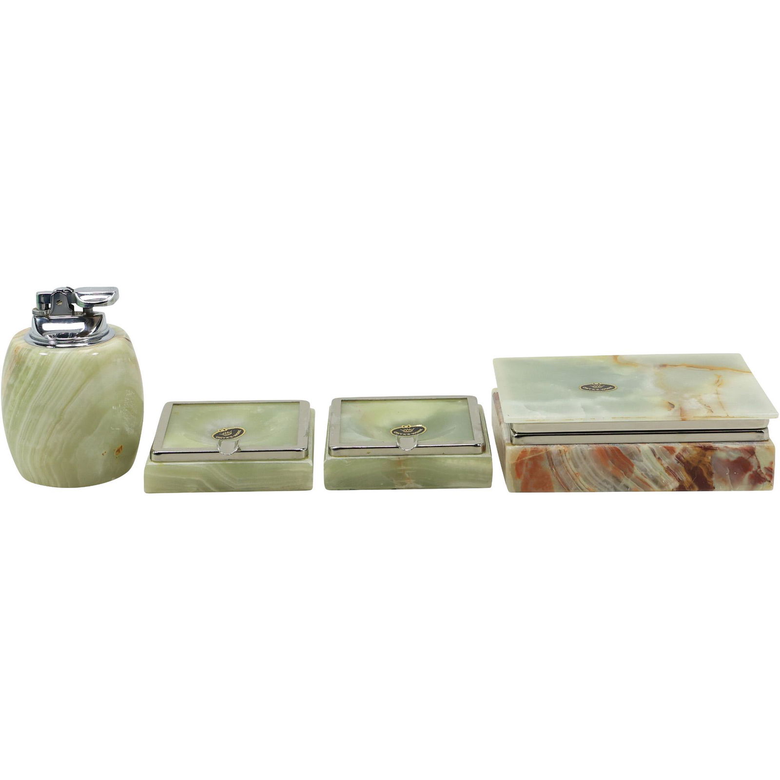 4 Piece Art Deco Onyx Smoking Set: Lighter, Cigarette Case & 2 Ashtrays in Fitted Box (1 of 18)