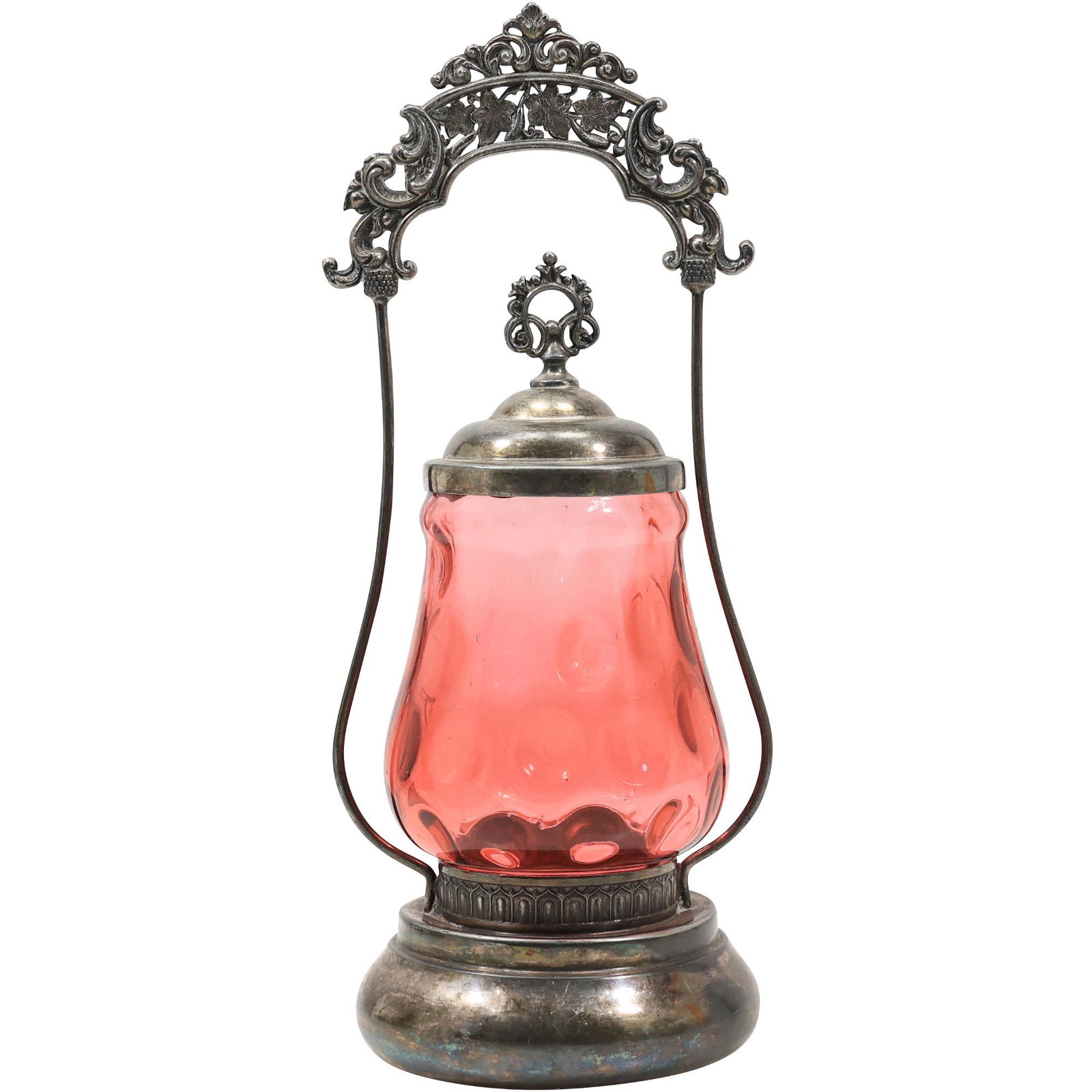 Monarch Silver Co Toronto, Silver Plate, Cranberry Glass Pickle Jar: Monarch Silver Co Toronto, Silver Plate, Cranberry Glass Pickle Jar. size: 12h 5w