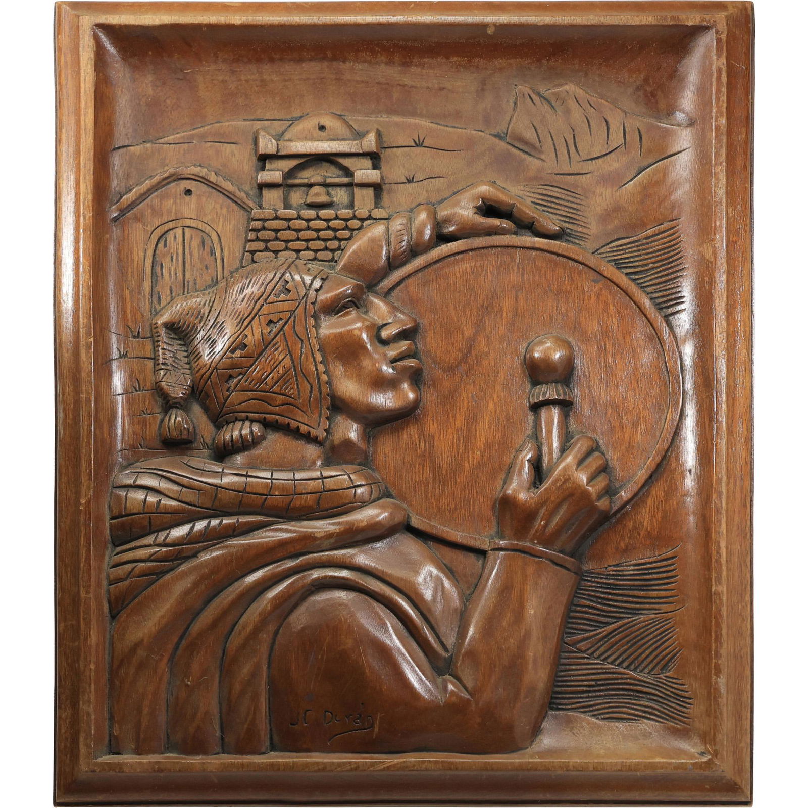 Carved Wood Plaque: Quechu Indian from Cochabamba Valley Signed J C DURAN (1 of 19)