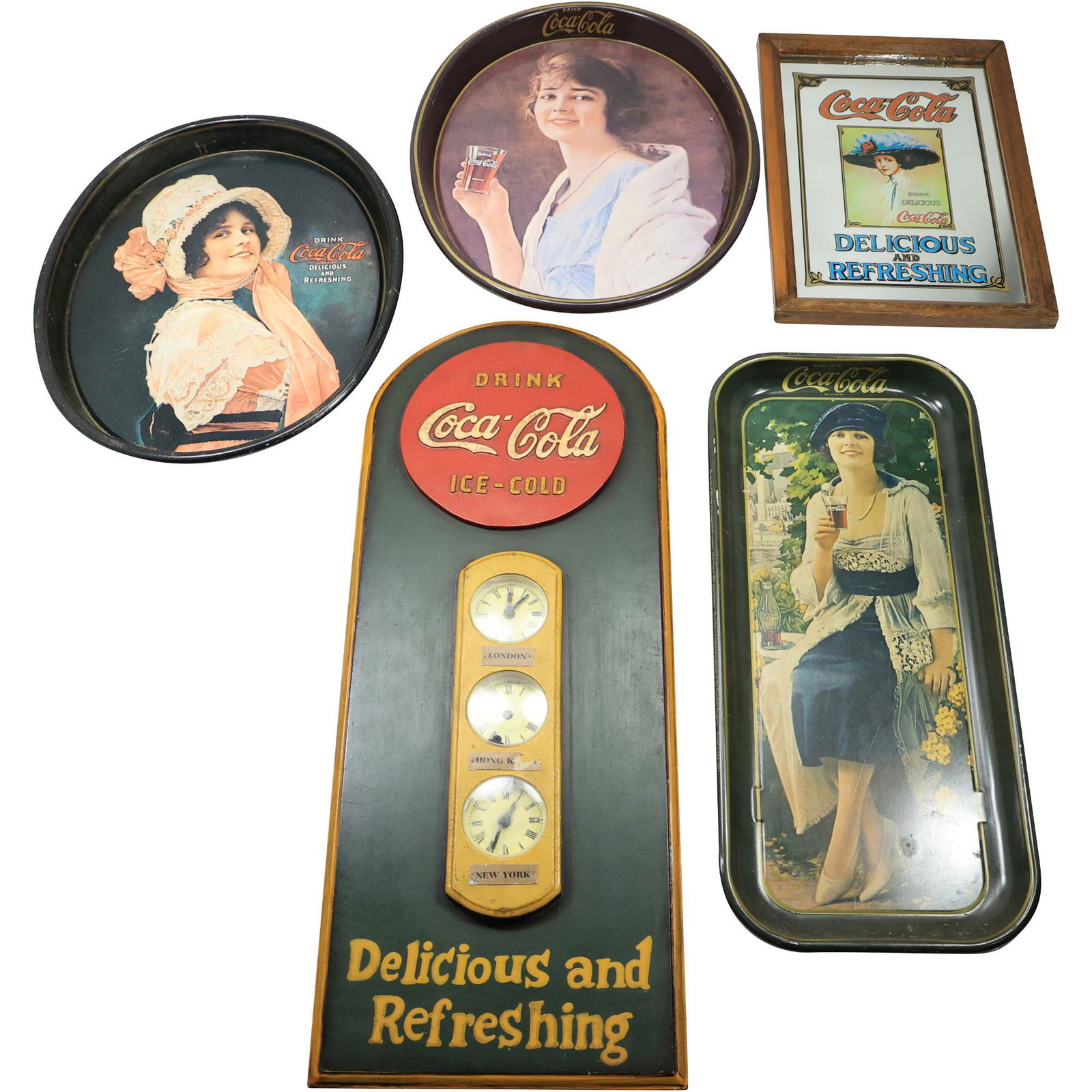 [5] Assorted Coca Cola Collectables: Advertising Clock, Mirrored Sign, 3 Tin Trays (1 of 20)