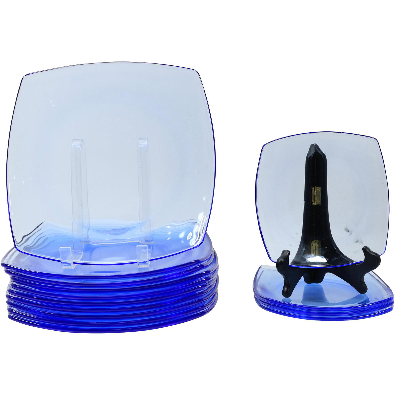 [14] Mid-Century Modern Blue Glass Square Dinner and Luncheon Plates: [14] Mid-Century Modern Blue Glass Square Dinner and Luncheon Plates. size: x4 smalls 1h 8w x10 big 1.25h w