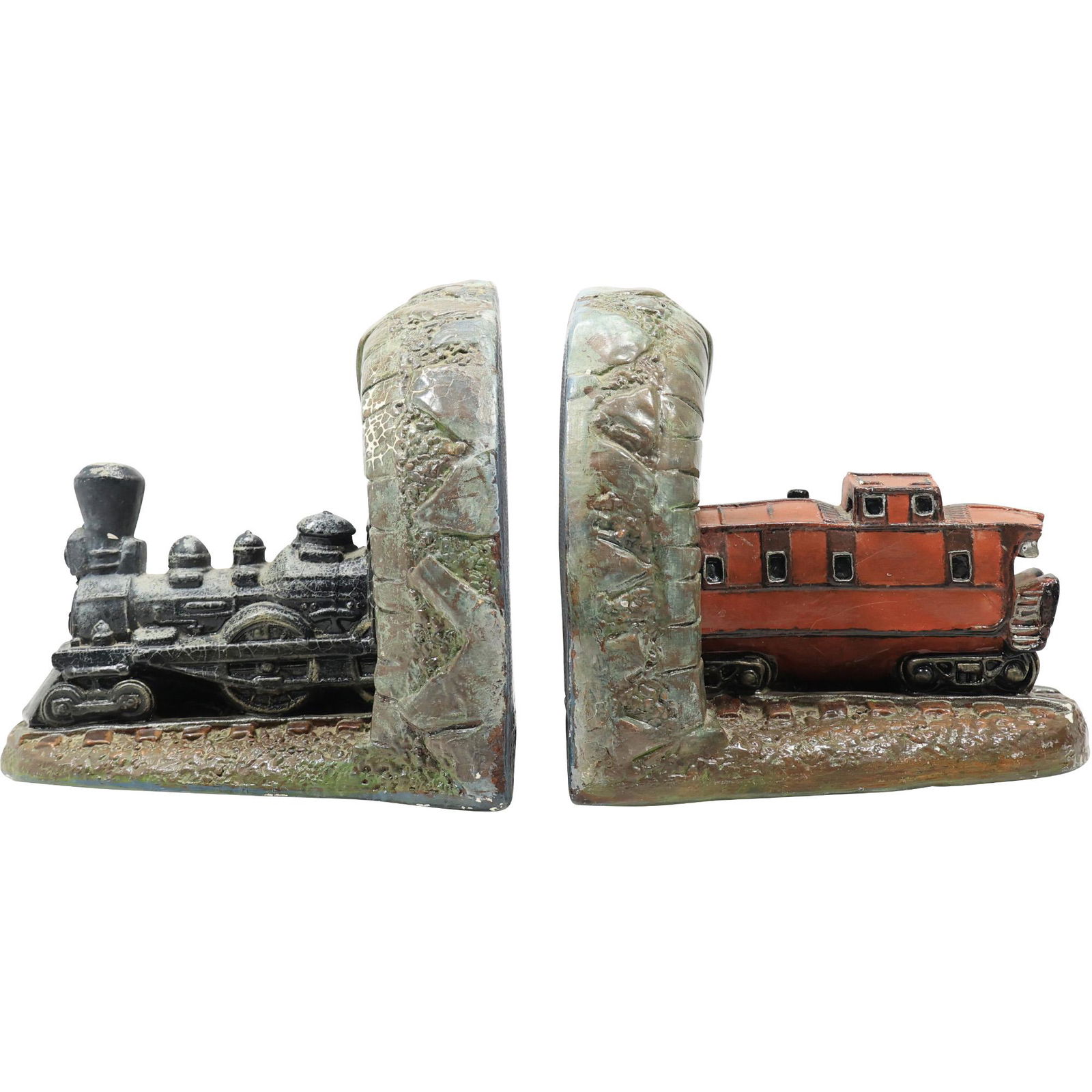 TRAIN Bookends Steam Locomotive and Caboose, Cast Plaster Composition, Ann's Originals: TRAIN Bookends Steam Locomotive and Caboose, Cast Plaster Composition, Ann's Originals. size: 7.5h 8w