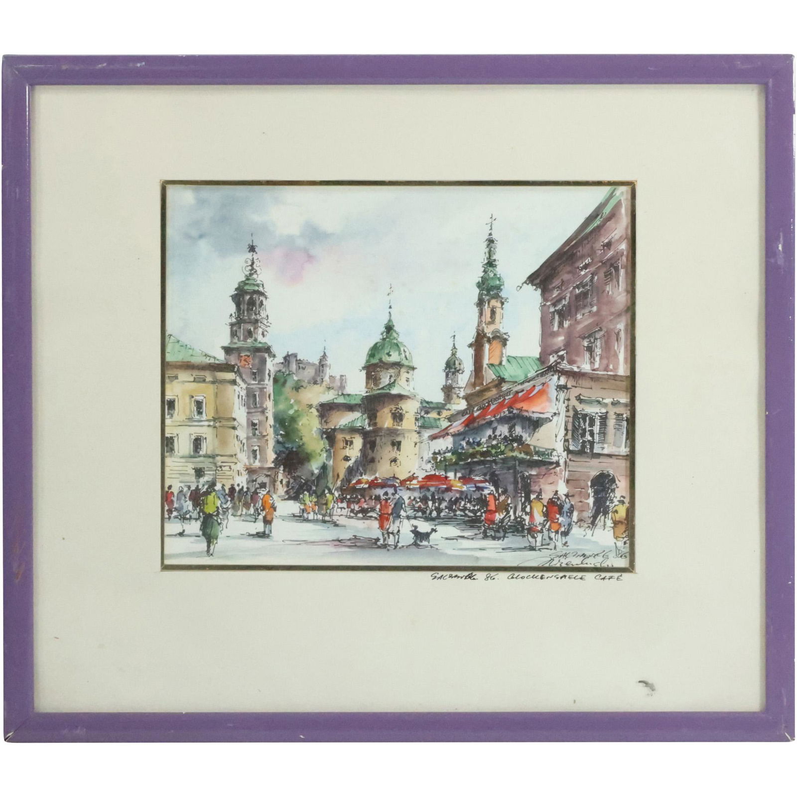 Framed Vintage Color Print Busy Outdoor Cafe Scene Artist Signed (1 of 13)